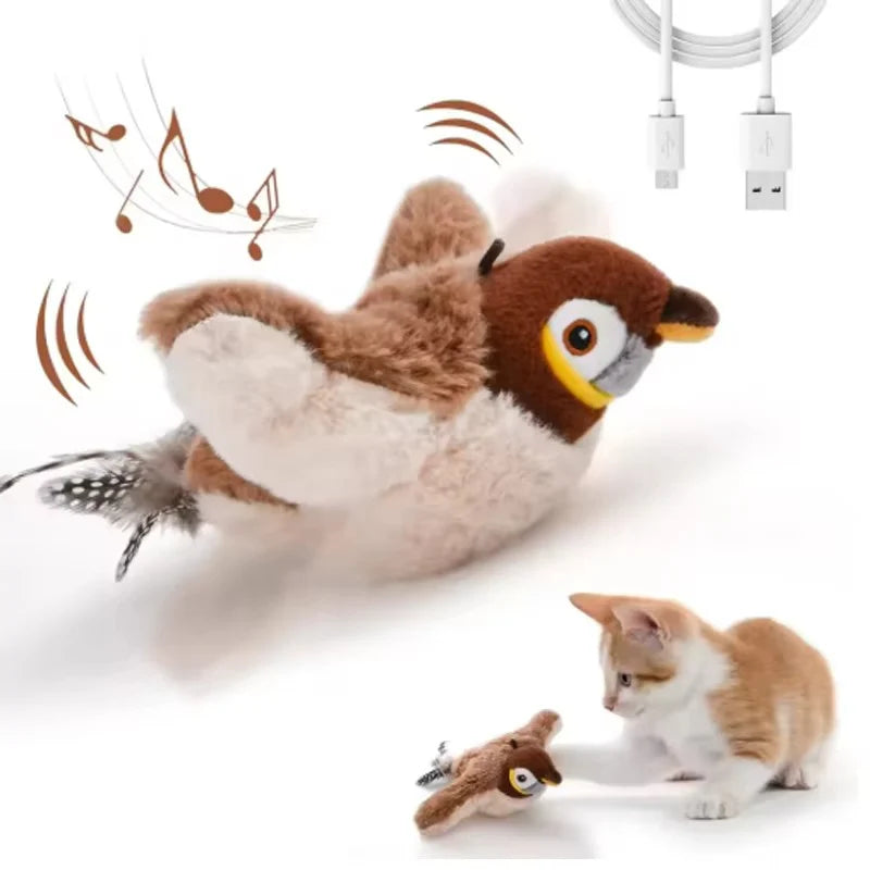 Upgraded Interactive Chirping Bird Cat Toys with Flapping Wings,No Flying Birds Cats Toy, Flying Simulation Electric Sparrow Shaking Hunting Pet Toy for Indoor-Larger