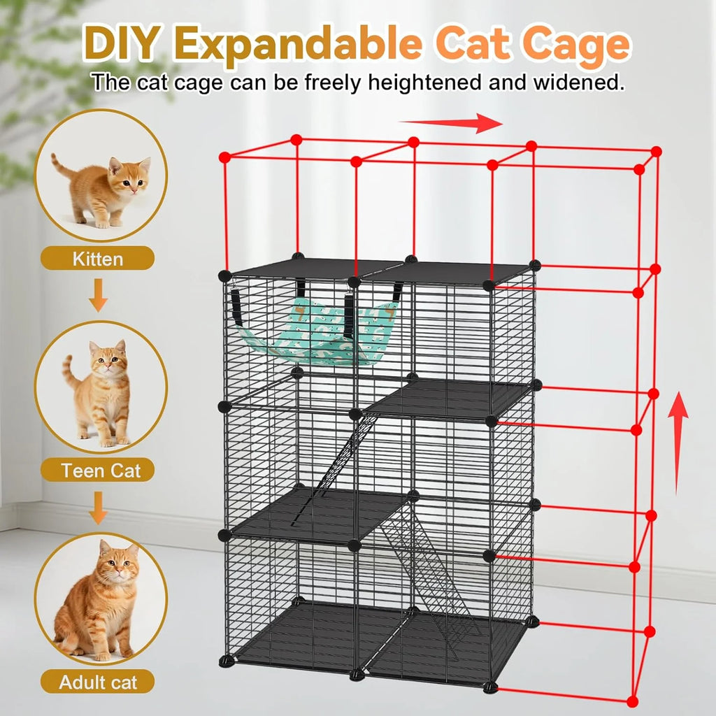 Cat Cage, 3-Tier DIY Catio Cat Enclosures, 24" X 16" X 36" Cat Playpen Indoor & Outdoor with Hammock, Detachable Metal Wire Kennel Cats Crate, 2X1X3 Exercise Place for 1-2 Cats/Kitten