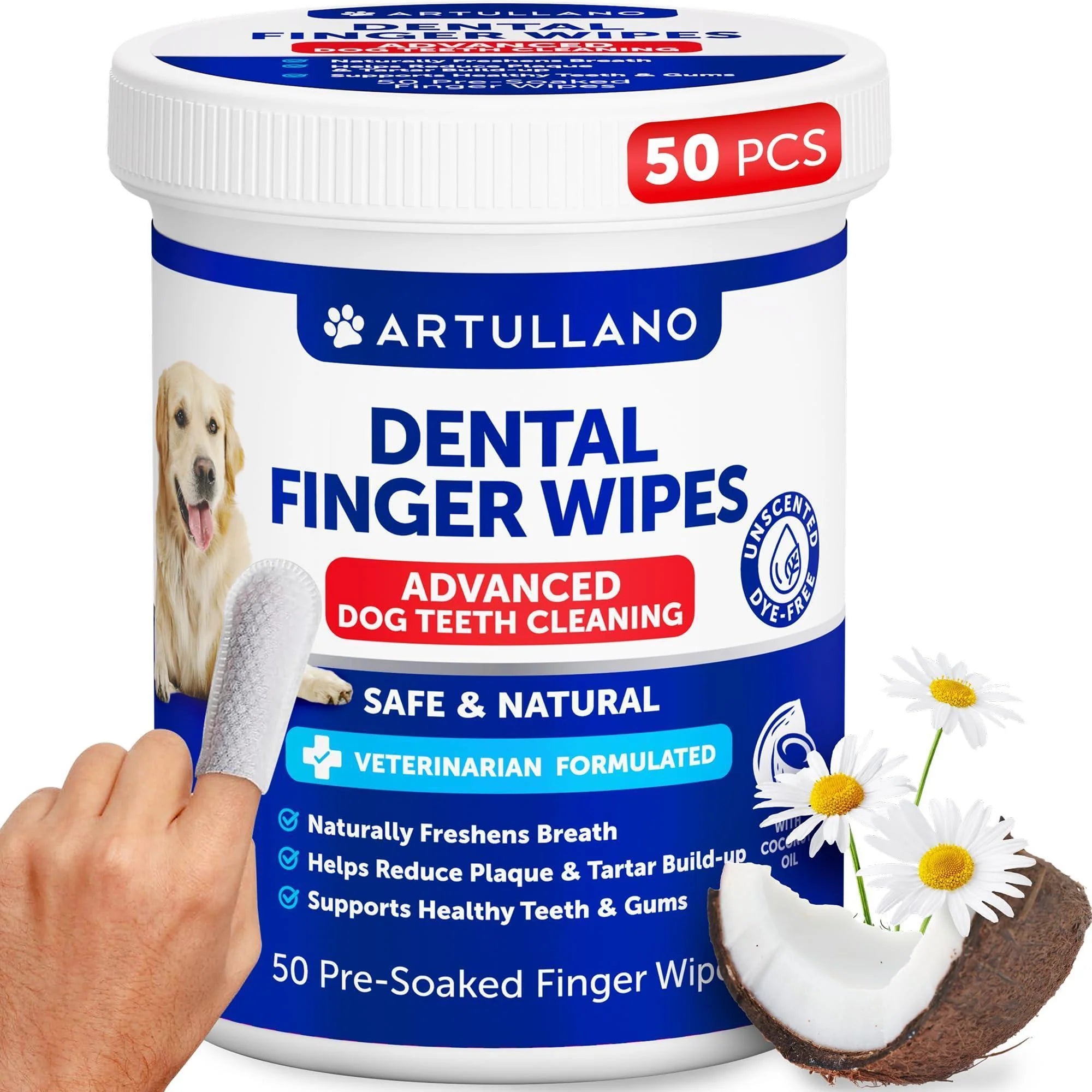 Dog Teeth Cleaning Finger Wipes 50 Count Disposable Plaque & Tartar Coconut Oil