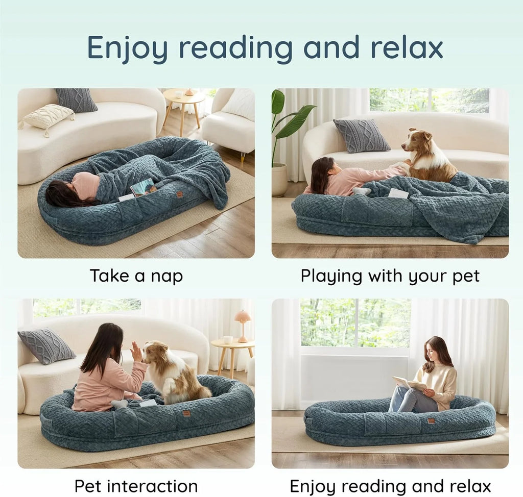 Click to See Full View 3+ 7 VIDEOS Human Dog Bed for Adult - Luxury Faux Fur Giant Size Dog Bed with Portable Handle, Egg Orthopedic Foam Bed with Blanketgrayish Blue