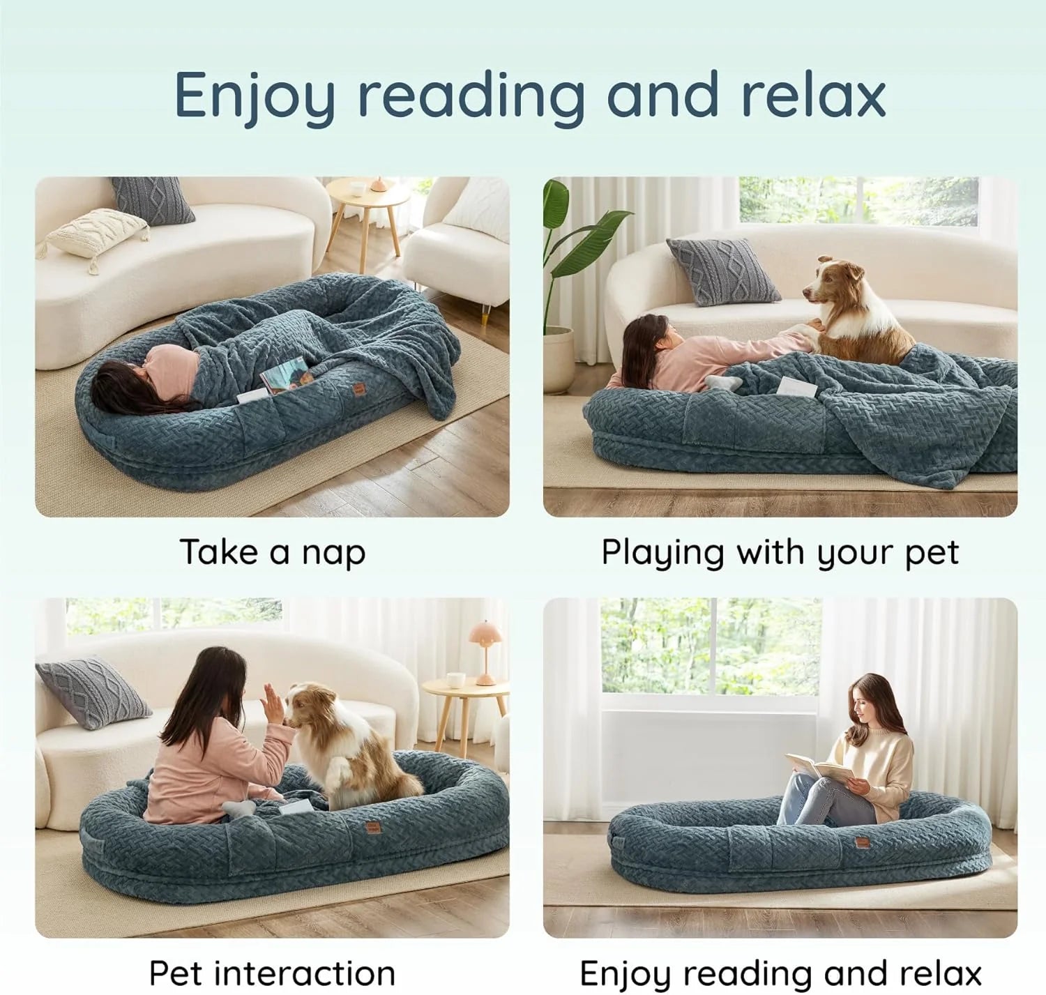 Click to See Full View 3+ 7 VIDEOS Human Dog Bed for Adult - Luxury Faux Fur Giant Size Dog Bed with Portable Handle, Egg Orthopedic Foam Bed with Blanketgrayish Blue
