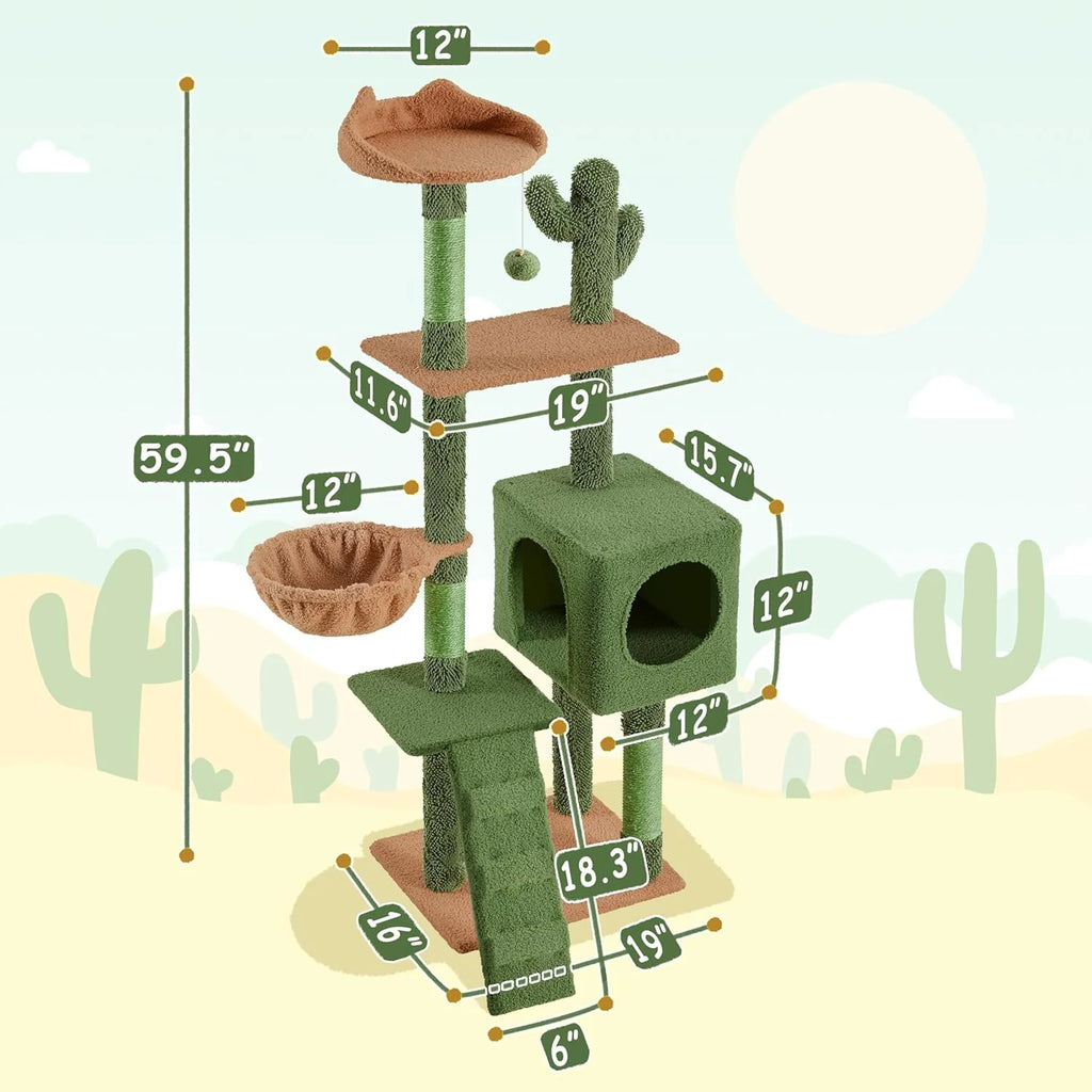Cactus Cat Tree | 59.5In Cat Tower W/Cute Perch, Cozy Condo, Convenient Climbing Ladder | Moppy Fabric-Covered Cat House for Indoor Cats | Green/Brown