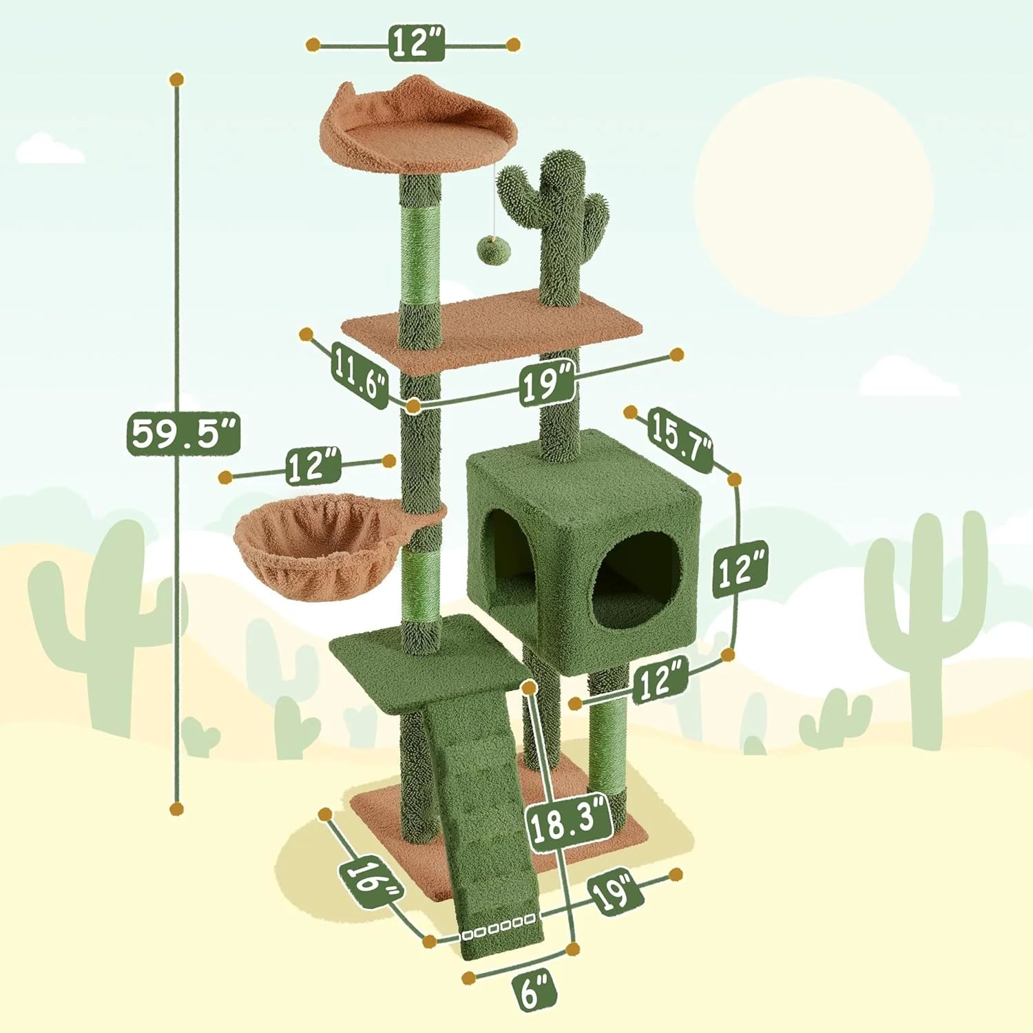 Cactus Cat Tree | 59.5In Cat Tower W/Cute Perch, Cozy Condo, Convenient Climbing Ladder | Moppy Fabric-Covered Cat House for Indoor Cats | Green/Brown