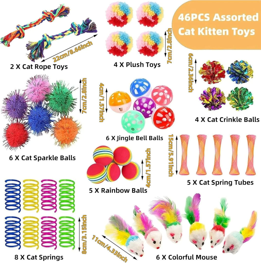 46 PCS Cat Toys for Indoor Cats, Kitten Toys with Cat Spring Toy, Mint Catnip with Crinkle Mouse Ball for Indoor Cats Kittens Exercise