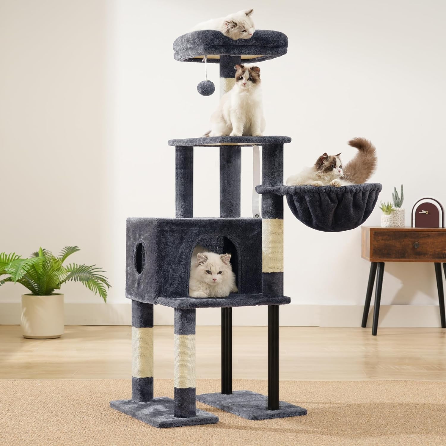 Cat Tree, 49.2 Inches Cat Tower for Indoor Cats, Spacious Cat House Condo with Hidden Space，Sturdy Steel Tube，Soft Plush Top Perch，Cozy Hammock and Sisal Scratching Posts, Smoky Gray