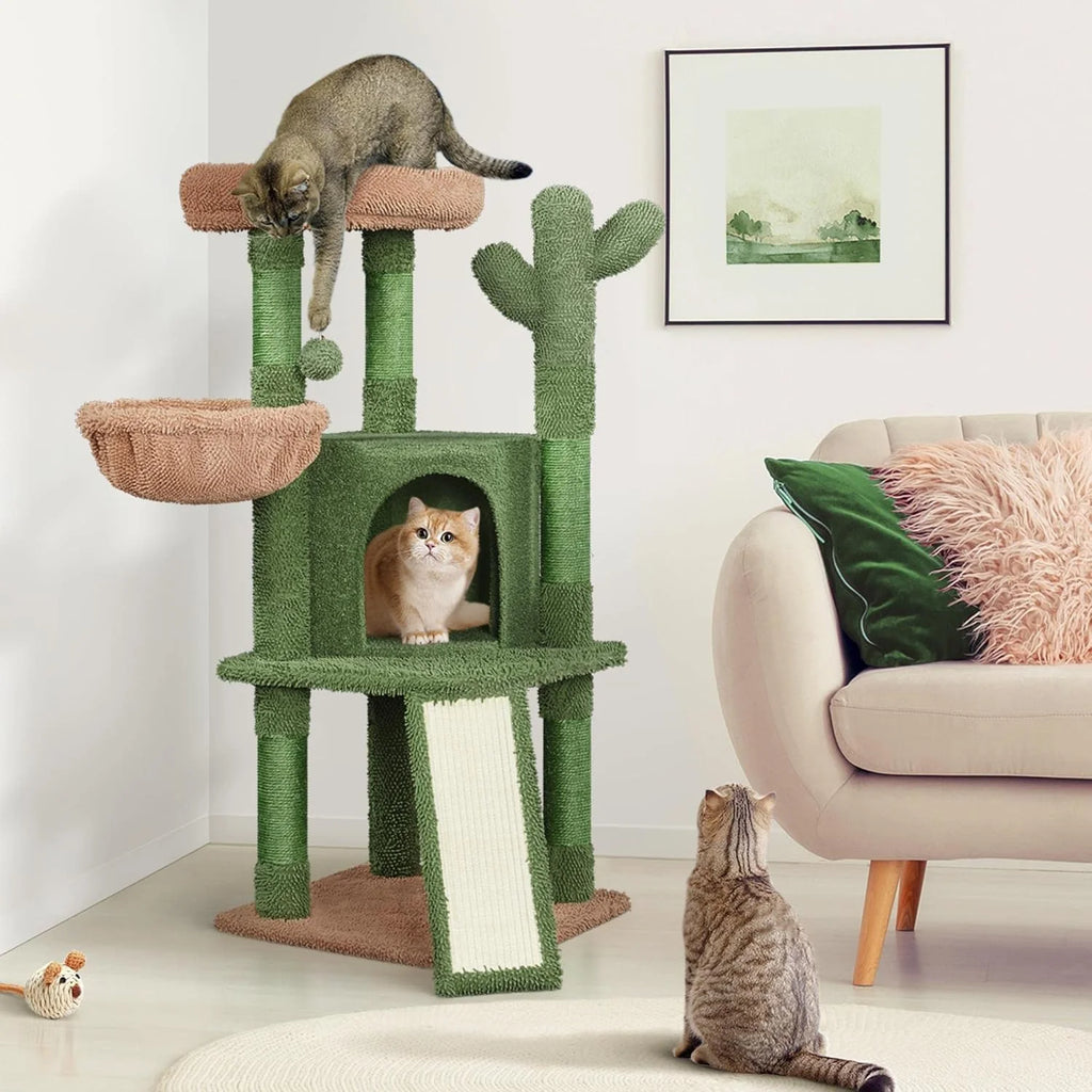 Cactus Cat Tree, 42In Cat Tower for Indoor Cats, Multi Level Kitten Condo Scratching Post, Cat Activity Center Pet Furniture W/Ball, Plush Perch, Platform, Basket
