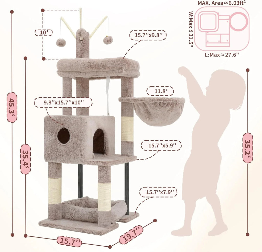 Cat Tree, 45.3-Inch Cat Tower for Indoor Cats with Large Perch, All-In-One Cat Furniture with Cozy Bed, Hidden Space Cat Condo, Comfy Hammock, Scratching Posts & 3 Pompoms, Muchroom