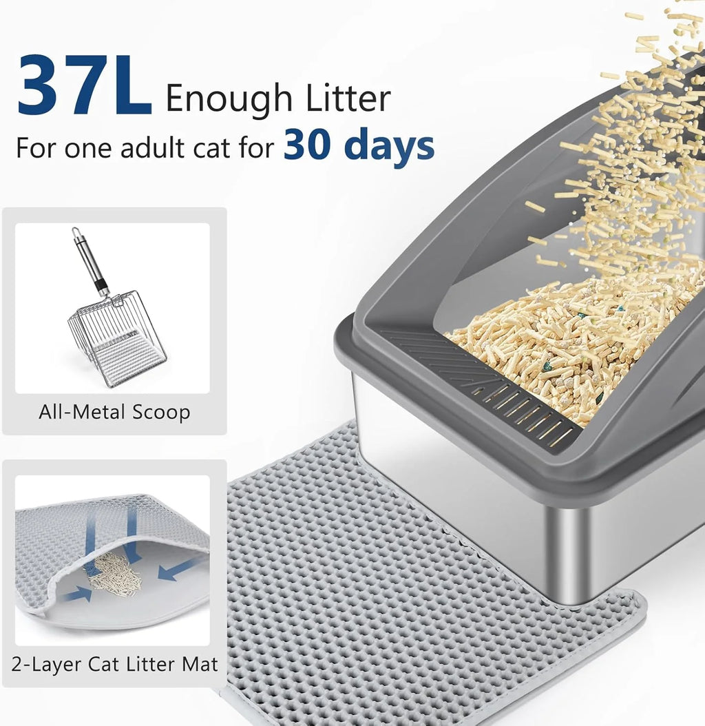 Steel Litter Box, Extra Large Litter Boxes for Big Cats, XL Metal Cat Litter Box with Lid, Anti-Urine Leakage, Non-Sticky, Include Cat Mat and Litter Scoop