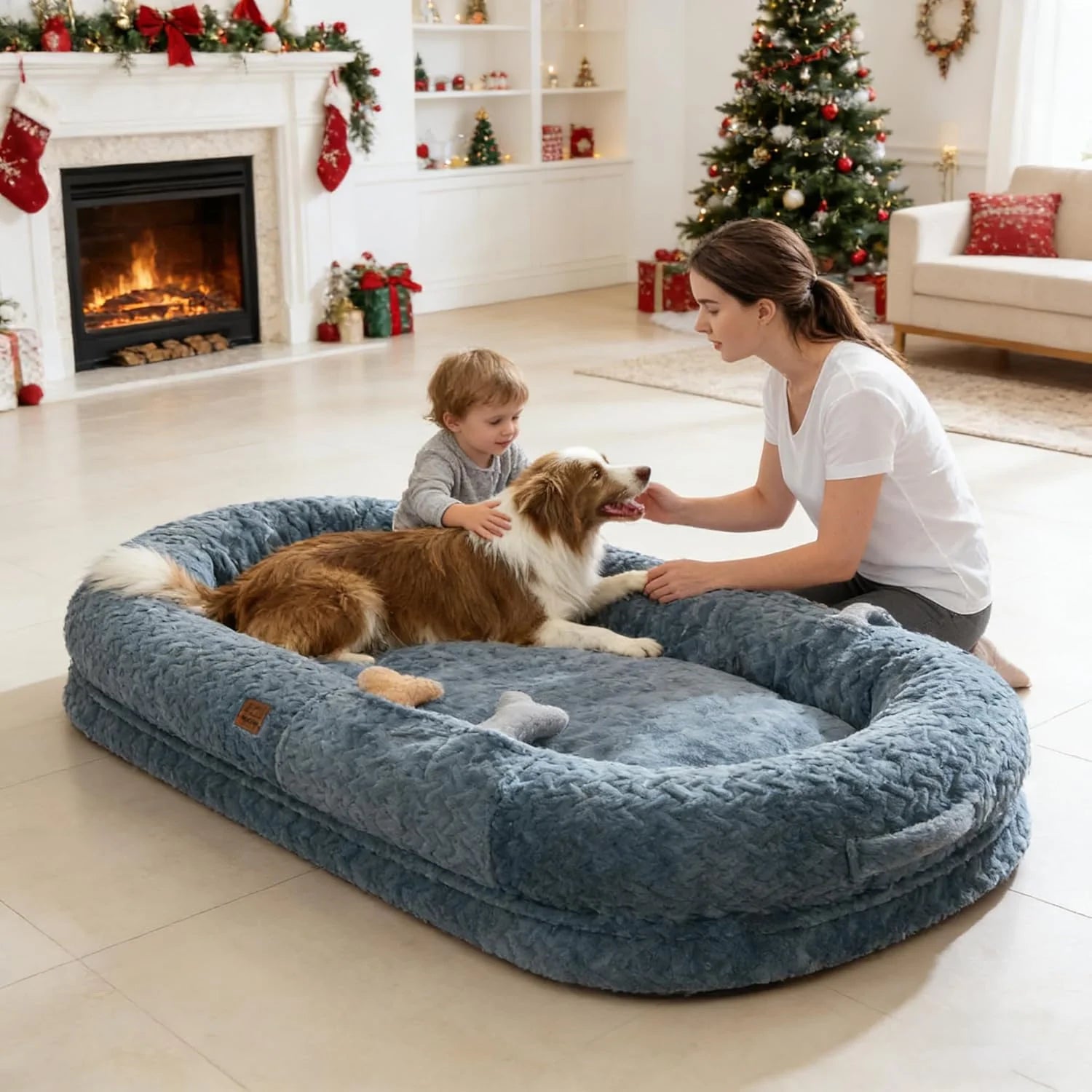 Click to See Full View 3+ 7 VIDEOS Human Dog Bed for Adult - Luxury Faux Fur Giant Size Dog Bed with Portable Handle, Egg Orthopedic Foam Bed with Blanketgrayish Blue