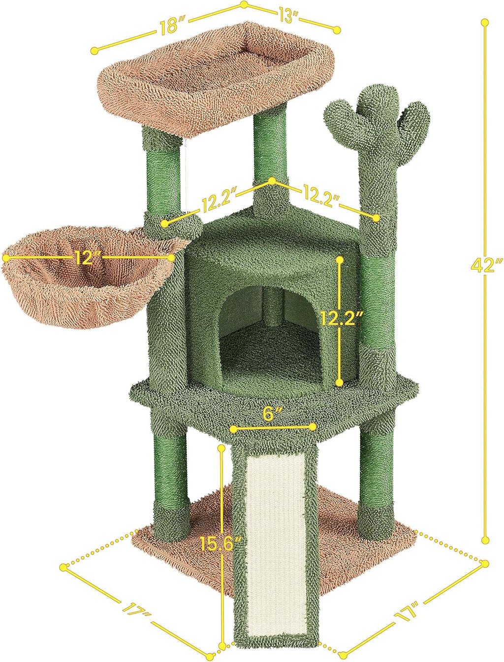 Cactus Cat Tree, 42In Cat Tower for Indoor Cats, Multi Level Kitten Condo Scratching Post, Cat Activity Center Pet Furniture W/Ball, Plush Perch, Platform, Basket