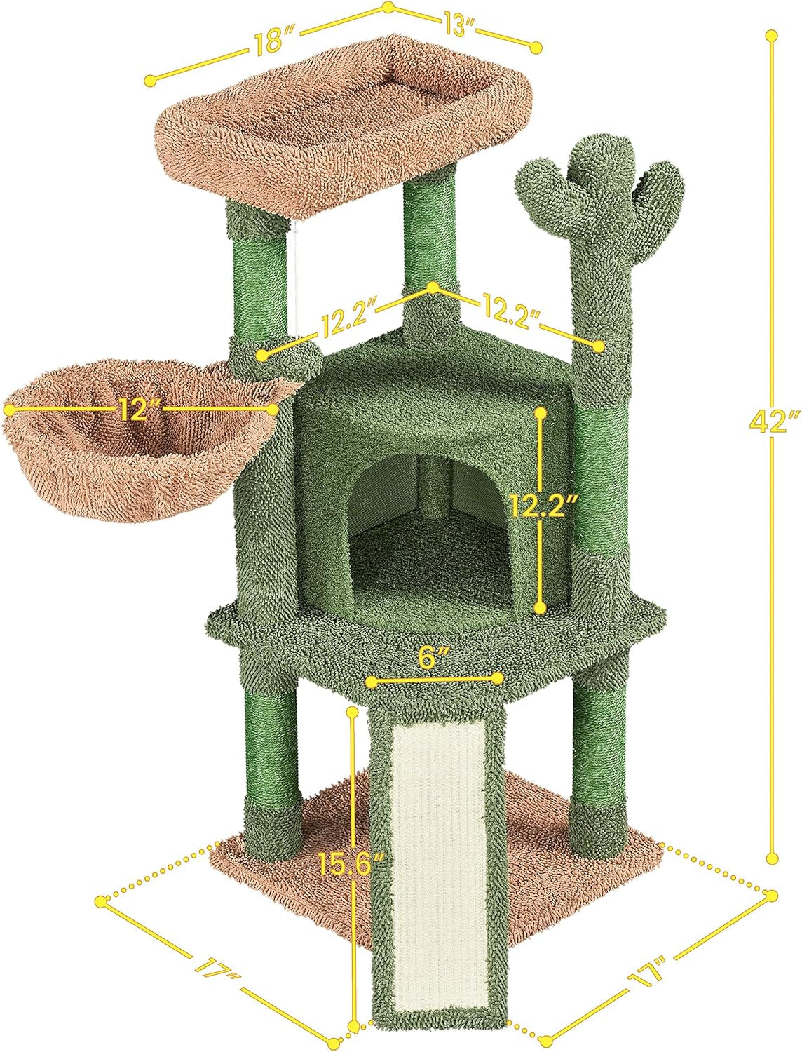 Cactus Cat Tree, 42In Cat Tower for Indoor Cats, Multi Level Kitten Condo Scratching Post, Cat Activity Center Pet Furniture W/Ball, Plush Perch, Platform, Basket
