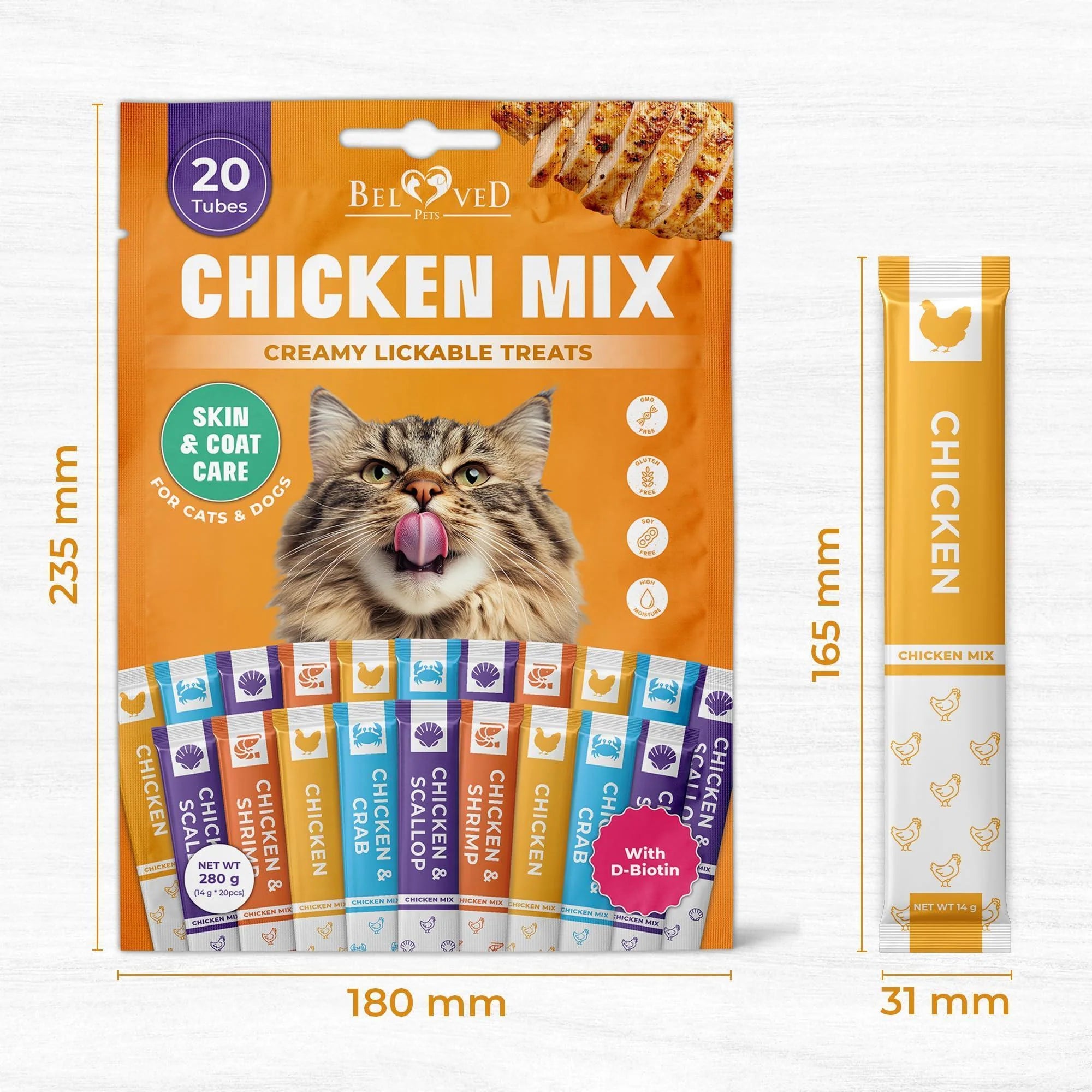 Lickable Cat Treats Squeeze Tubes 20 Sticks Chicken Skin & Coat Multivitamin