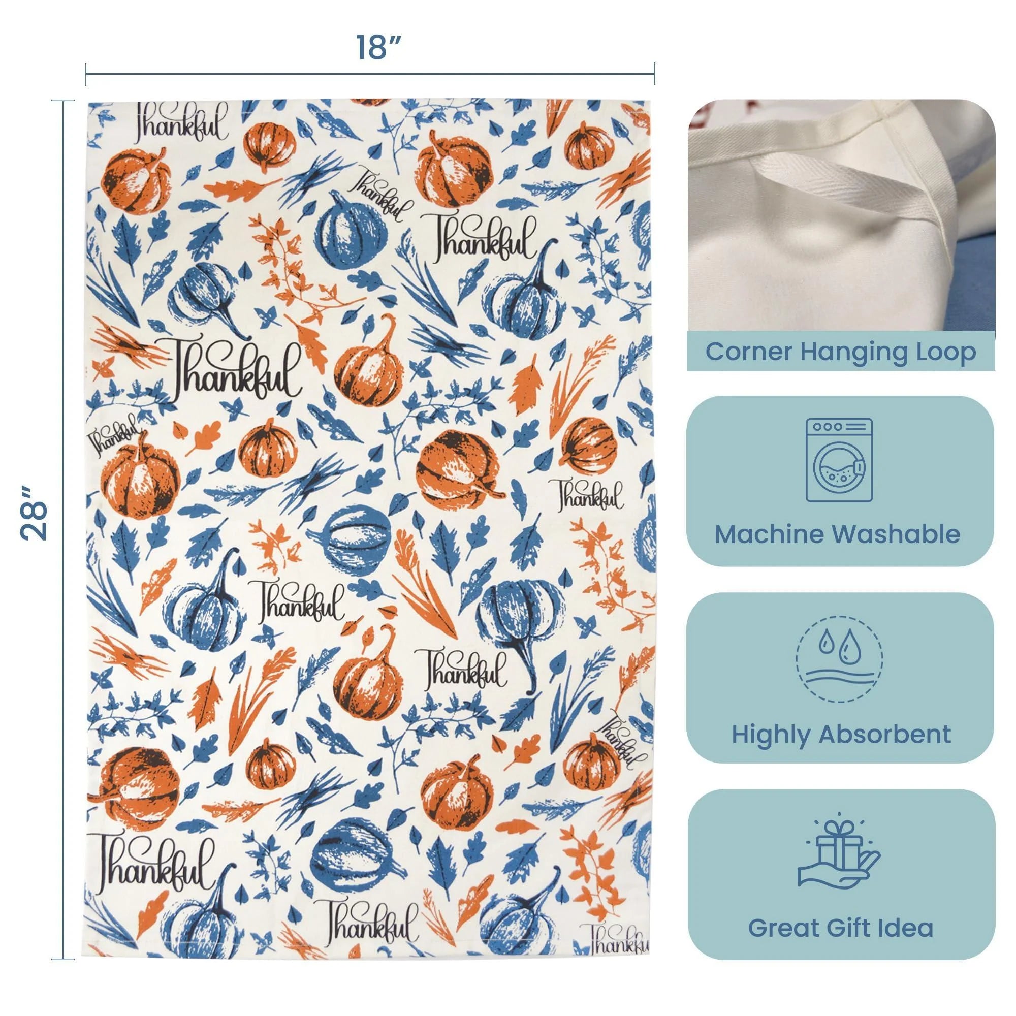 Set of 2 Thankful & Grateful Printed Dish Towels Hand Towels Boho Tea Towels Multifunctional Stylish Absorbent Quick Dry Soft 18 X28 100% Cotton Blue & Orange