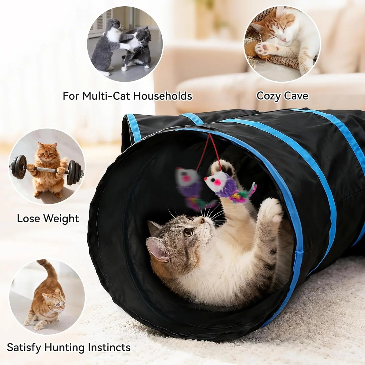 Cat Tunnels for Indoor Cats, Pet Tube Toy with Bell Ball and Toy Mouse, S-Shape Collapsible Tunnel with Interactive Hole for Kitty, Kitten, Rabbit, Puppy (Blue&Black)