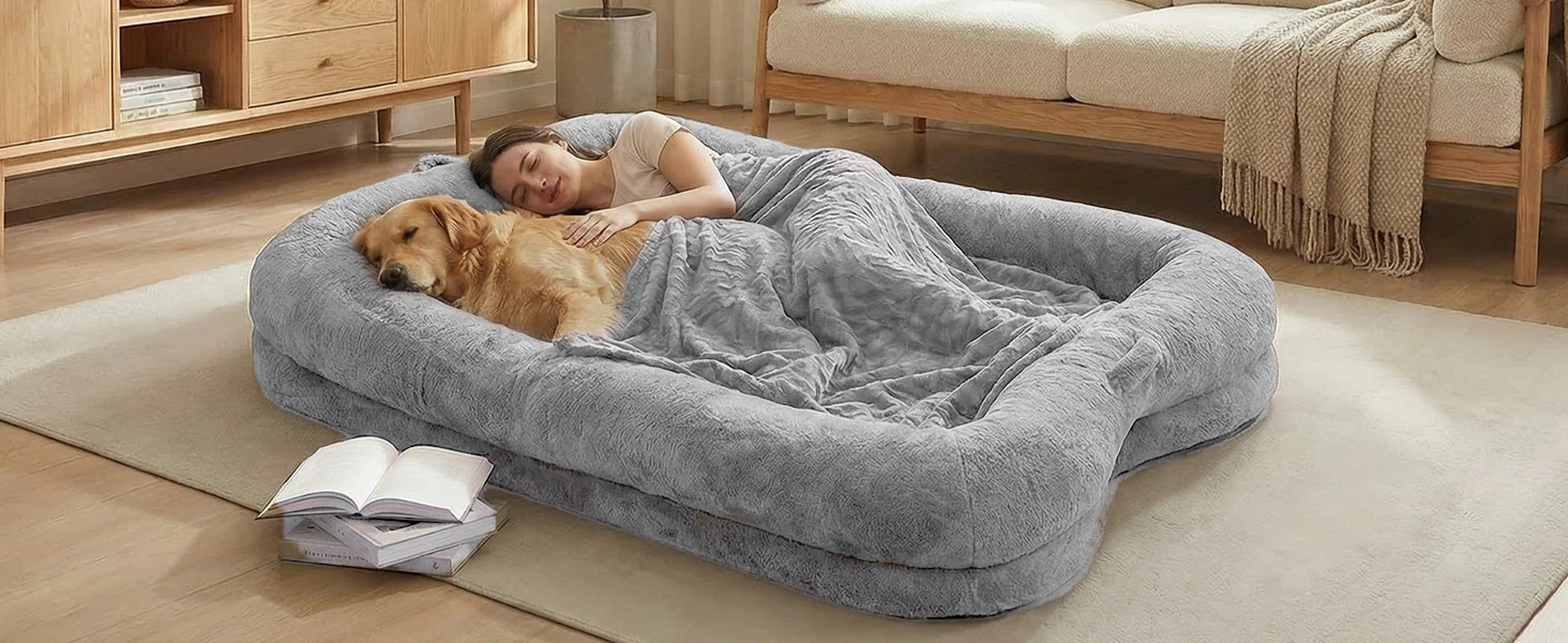 Human Dog Bed Washable Large Size Non Slip Bottom Comfortable Plush Giant Size Dog Bed with Blanket and Pocket for Home