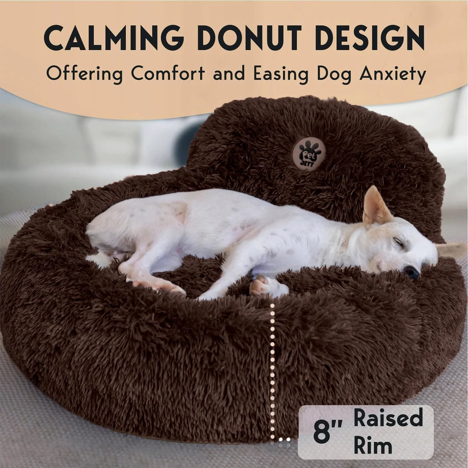 Petjett Calming Dog Bed Medium Size Dog - Donut Bed, Anti-Slip & Washable Super Soft Fluffy Plush round Bed, Anti-Anxiety Premium Comfort Pet Bed, Fits Dogs- Brown