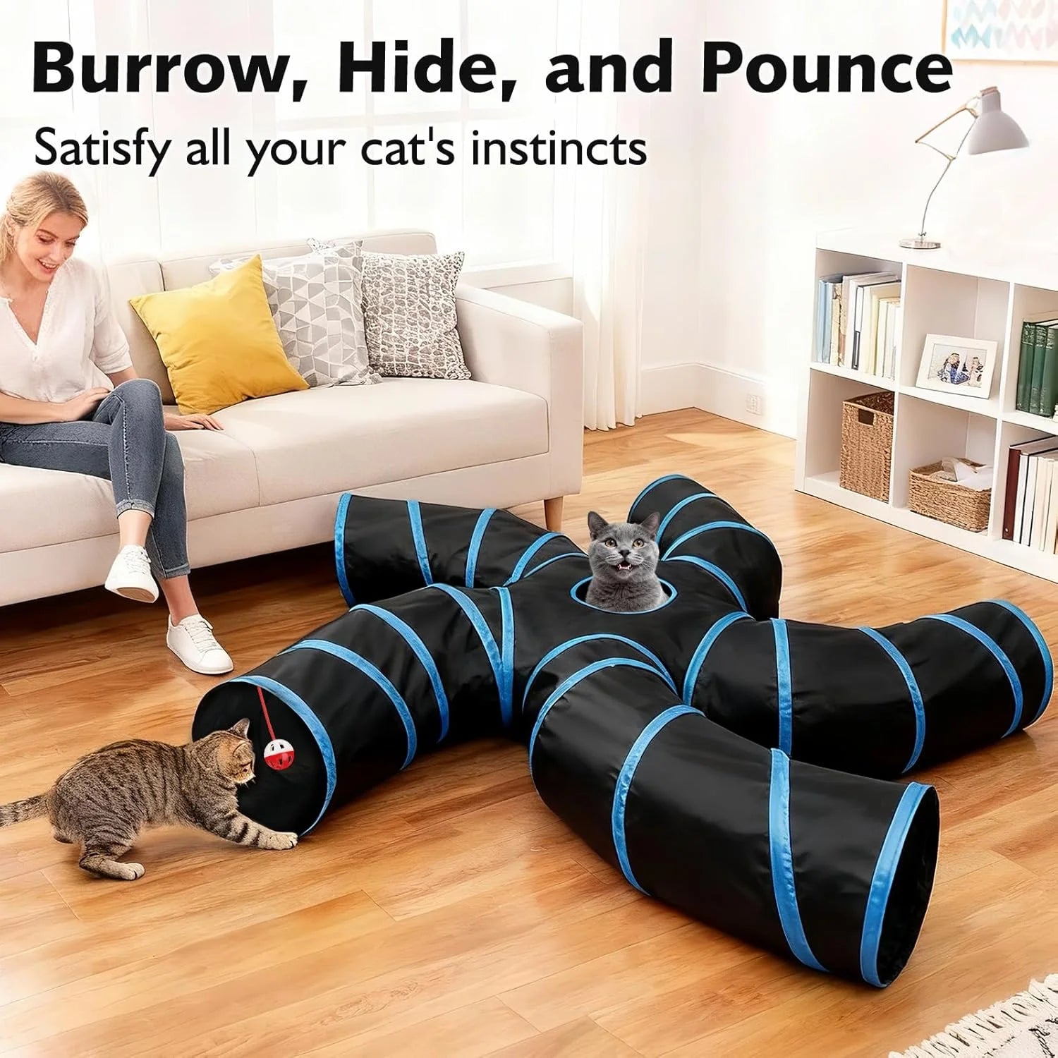 Cat Tunnels for Indoor Cats, Pet Tube Toy with Bell Ball and Toy Mouse, S-Shape Collapsible Tunnel with Interactive Hole for Kitty, Kitten, Rabbit, Puppy (Blue&Black)