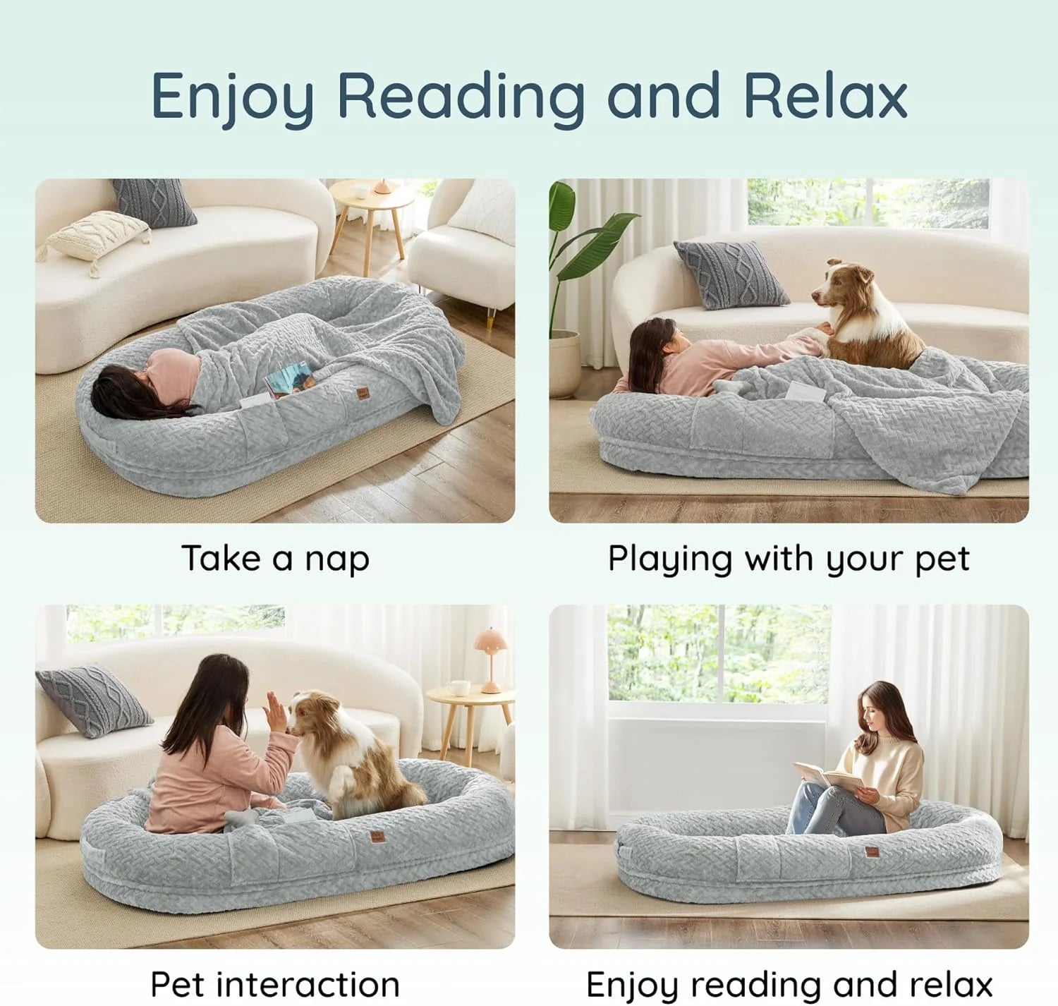 Human Dog Bed for Adult - Luxury Faux Fur Giant Size Dog Bed with Portable Handle, Egg Orthopedic Foam with Blanket, Light Grey