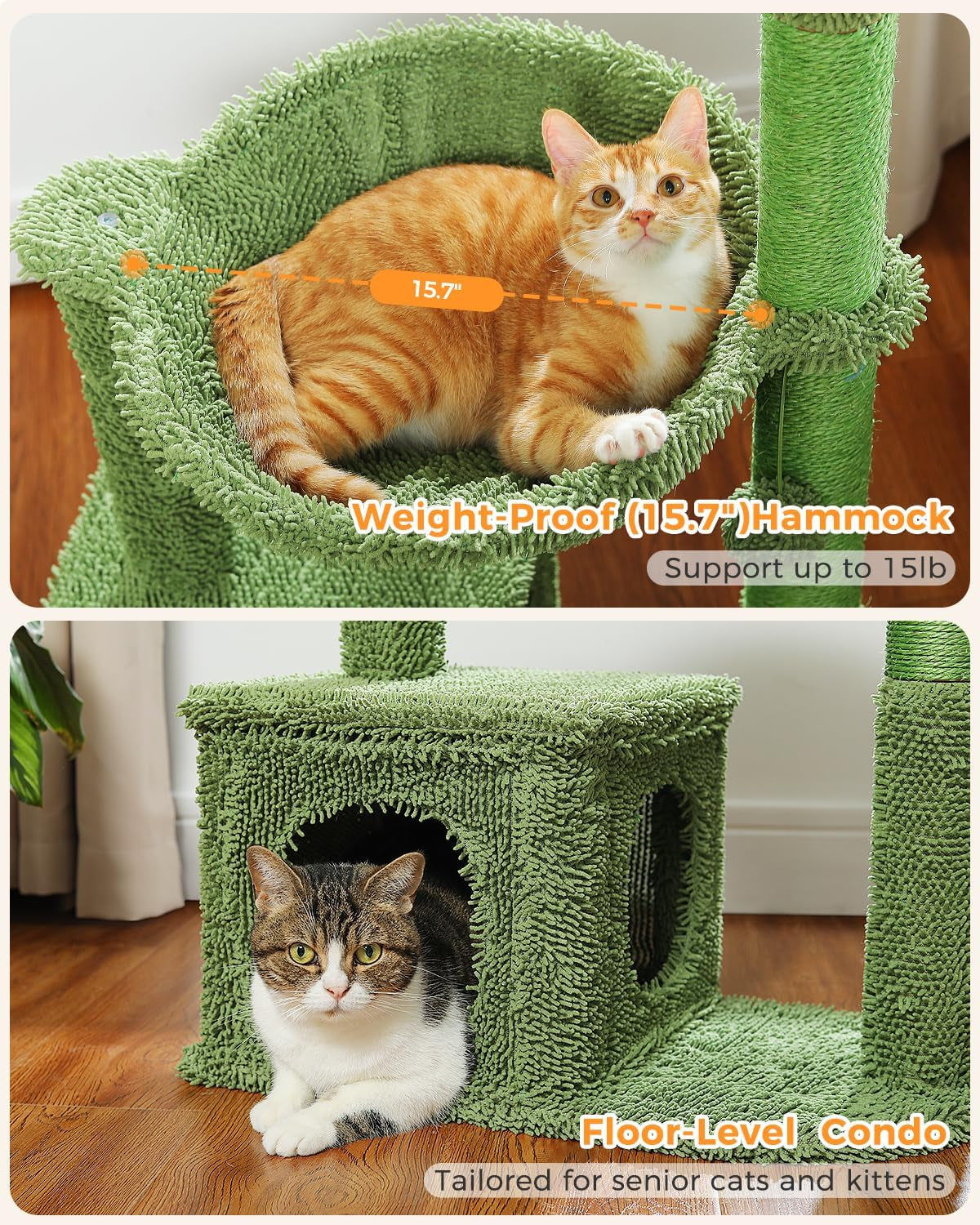 Cactus Cat Tree 40" Cat Tower with Large Metal Carpet Hammock, Cat Scratching Post for Indoor Cats with Condo & Replaceable Toy Ball, Green