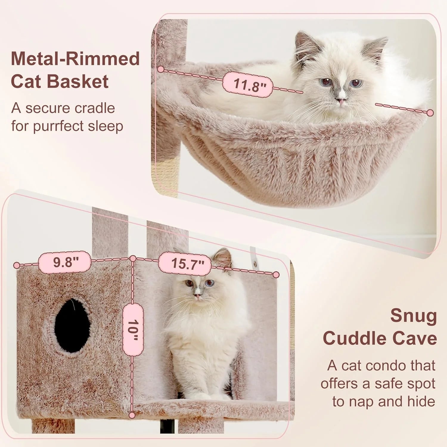 Cat Tree, 45.3-Inch Cat Tower for Indoor Cats with Large Perch, All-In-One Cat Furniture with Cozy Bed, Hidden Space Cat Condo, Comfy Hammock, Scratching Posts & 3 Pompoms, Muchroom