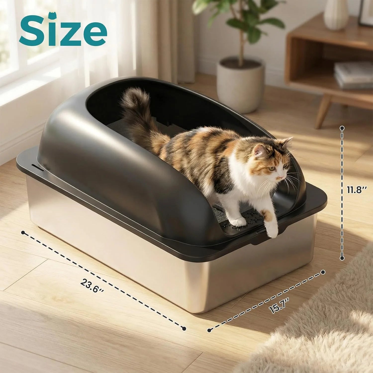 Stainless Steel Cat Litter Box with Lid, Large Cat Litter Box for Big Cats, High Wall Sides, Anti-Urine Leakage, Easy Cleaning, Scoop and Mat Included, Black