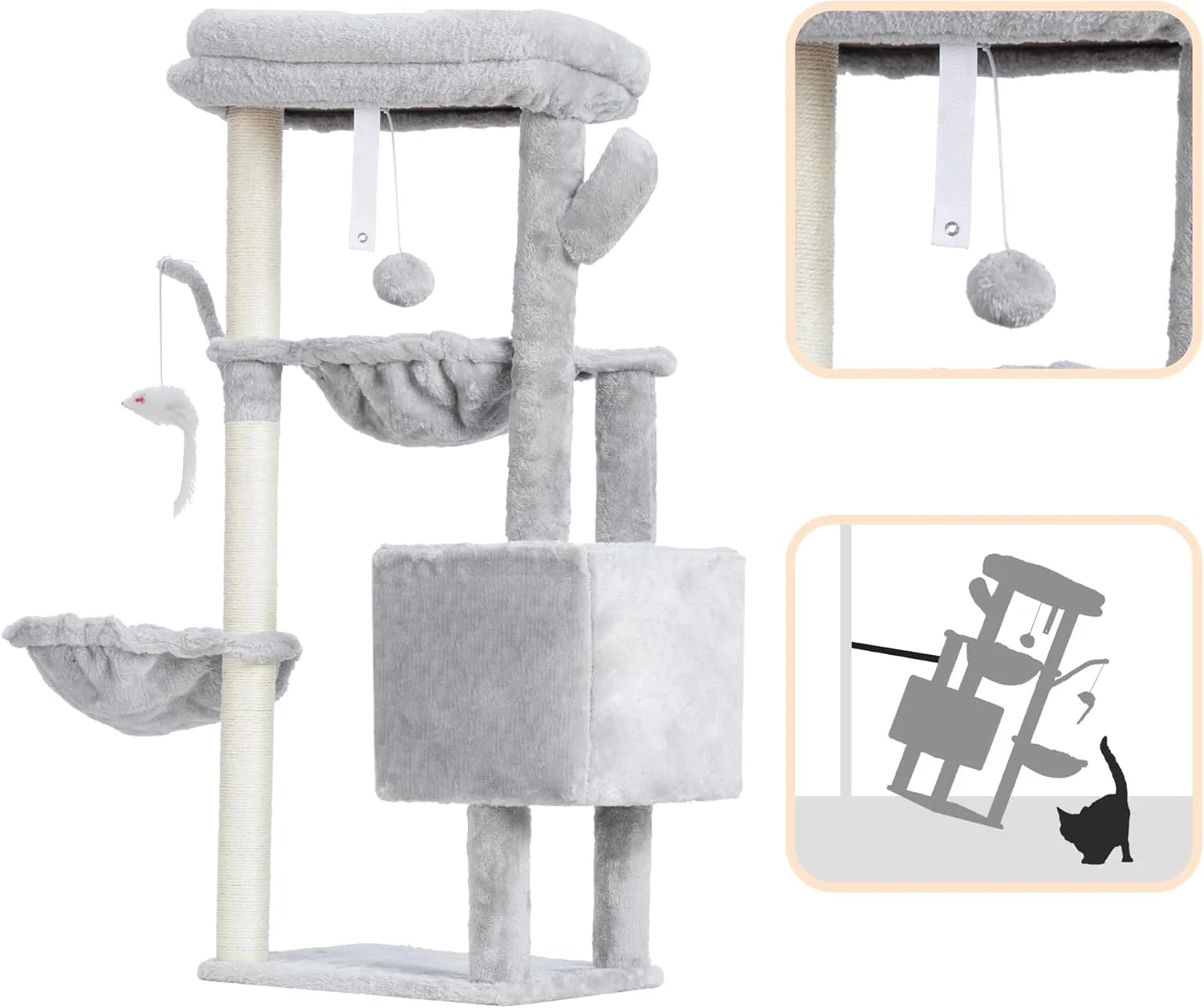 Cat Tree, 39.4 Inches Tower Condo with Scratching Post, Cat Tower for Indoor Cats, Fully Wrapped Sisal Pole, Soft Platform, 2 Baskets and Dangling Toy, Light Gray HCT006SW
