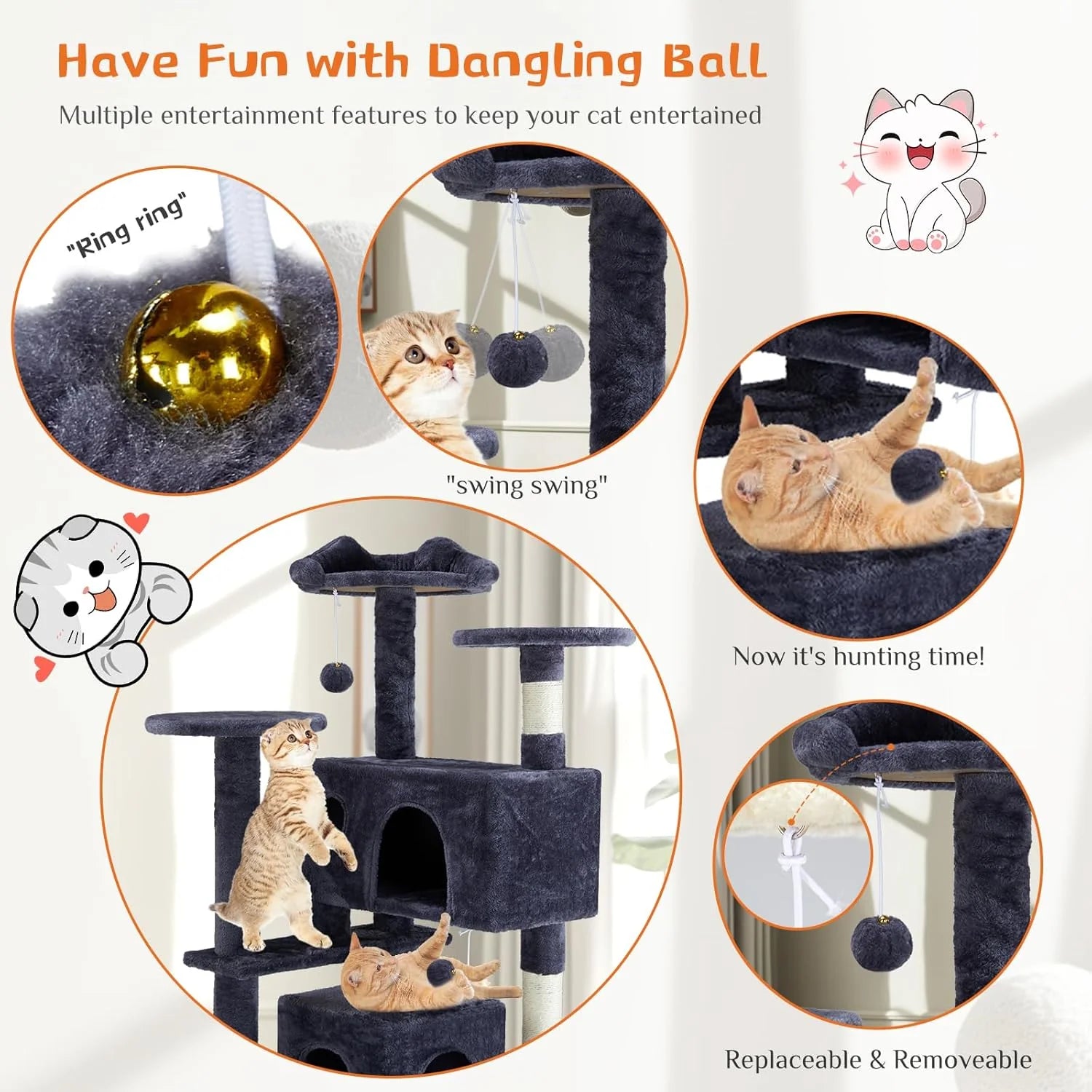 54 Inch Cat Tree Tower, Multi-Level with Cat Scratching Post, Indoor Cat Condo with Climbing Ladder, Plush Toy, Play House for Cat, Dove Grey