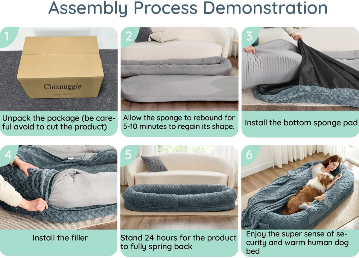 Click to See Full View 3+ 7 VIDEOS Human Dog Bed for Adult - Luxury Faux Fur Giant Size Dog Bed with Portable Handle, Egg Orthopedic Foam Bed with Blanketgrayish Blue