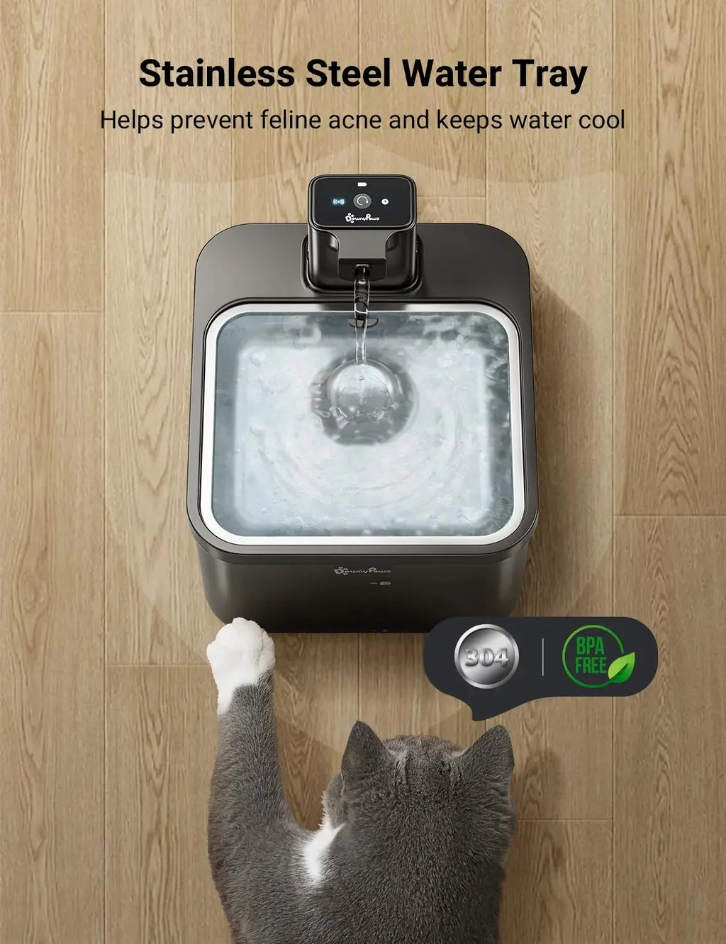 Downypaws 2.5L Automatic Stainless Steel Cat Water Fountain 4000Mah Wireless Pet Drinker Battery & Sensor 2 in 1 Dispenser