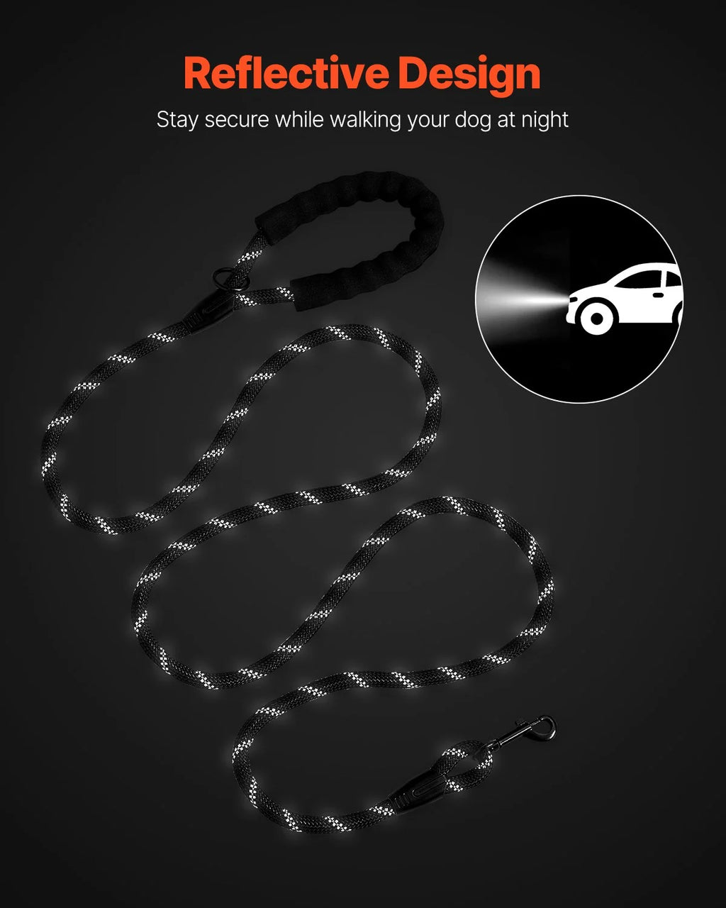 Rope Dog Leash, 6Ft Heavy Duty Dog Leash with Comfortable Padded Handle, Strong Nylon Thick Leash with Reflective Threads, Dog Walking and Training Leash, for Medium Large Dogs (1/2 In, Black)