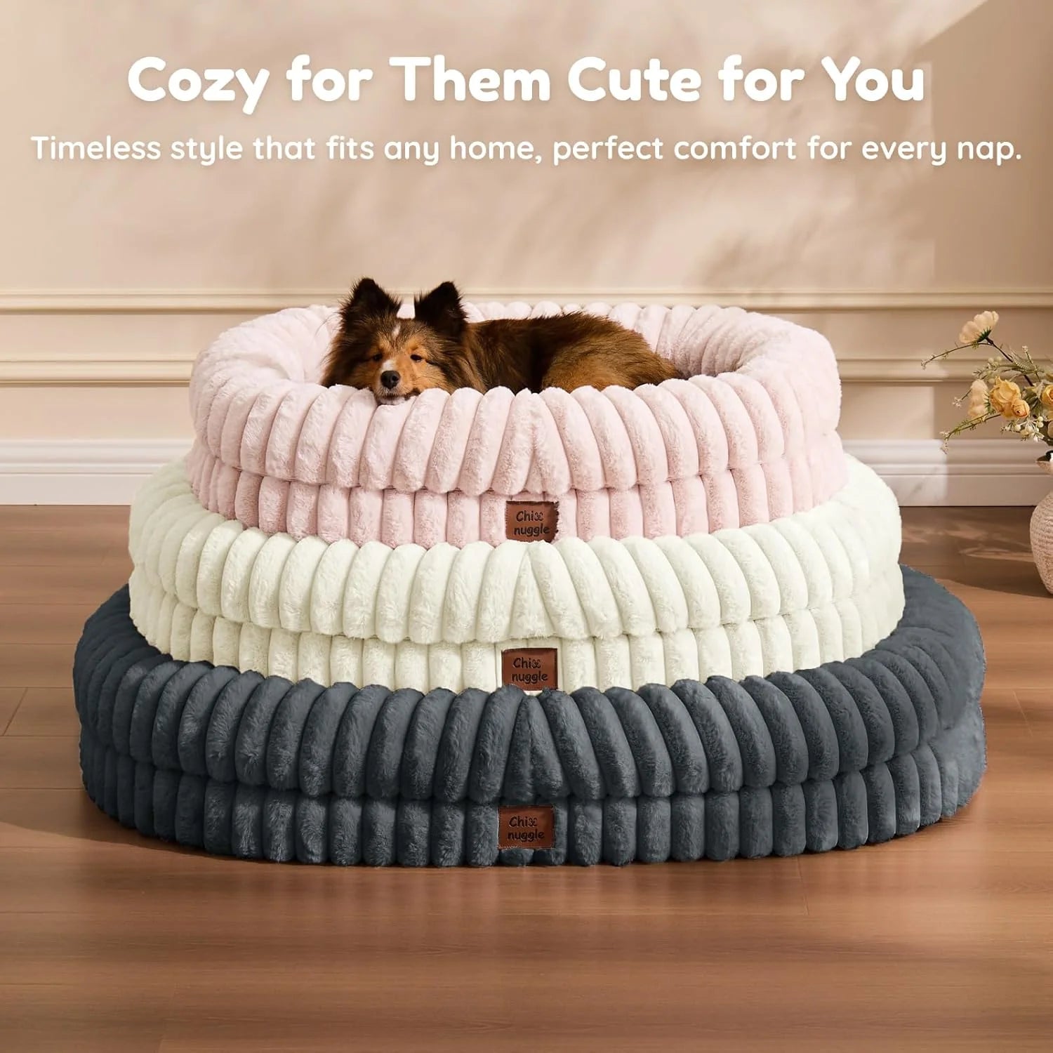 Human Dog Bed for Adult - Luxury Striped Faux Fur Giant Dog Bed with Portable Handle, Egg Orthopedic Foam Pad with Thick Blanket, , Cream