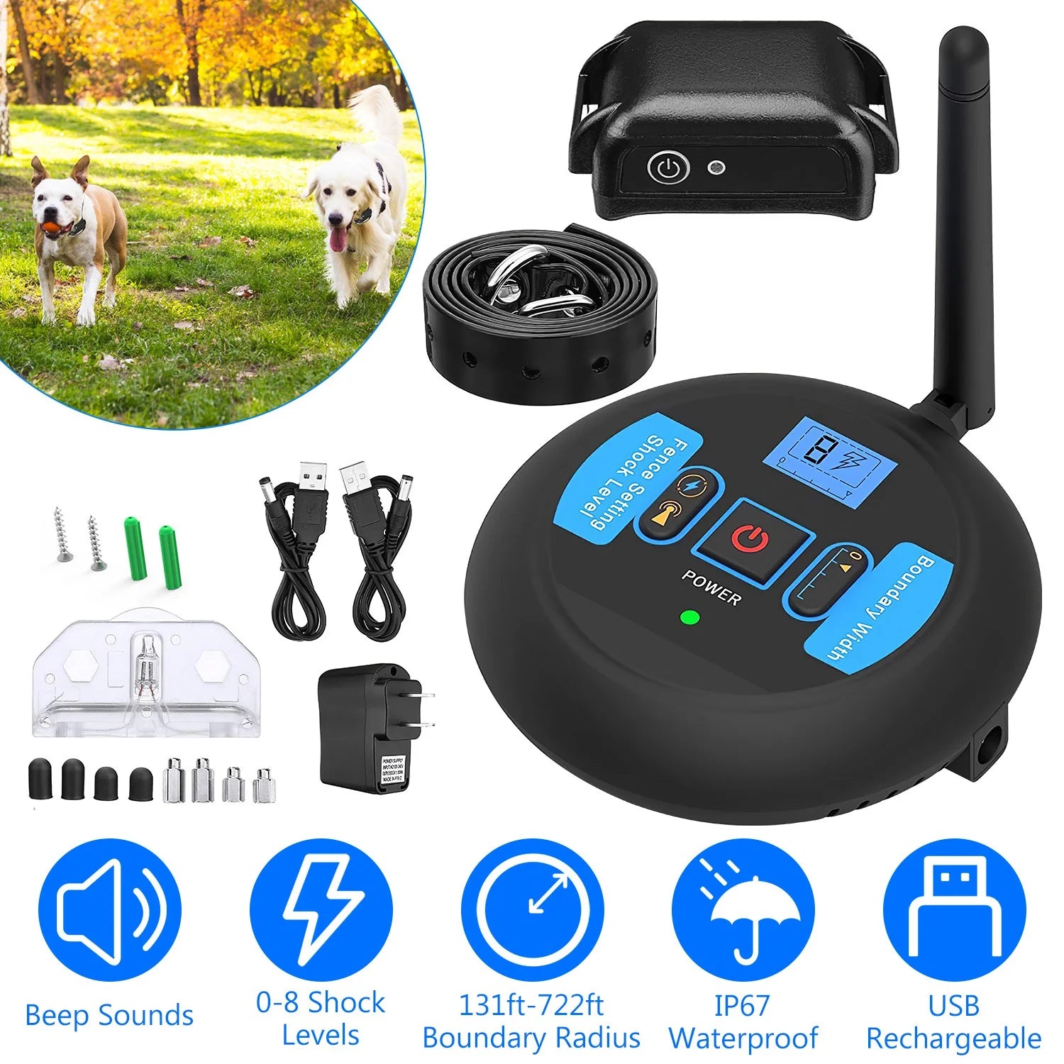 1Set Wireless Electric Dog Fence Pet Shock Boundary Containment System Electric Training Collar for Small Medium Large Dogs
