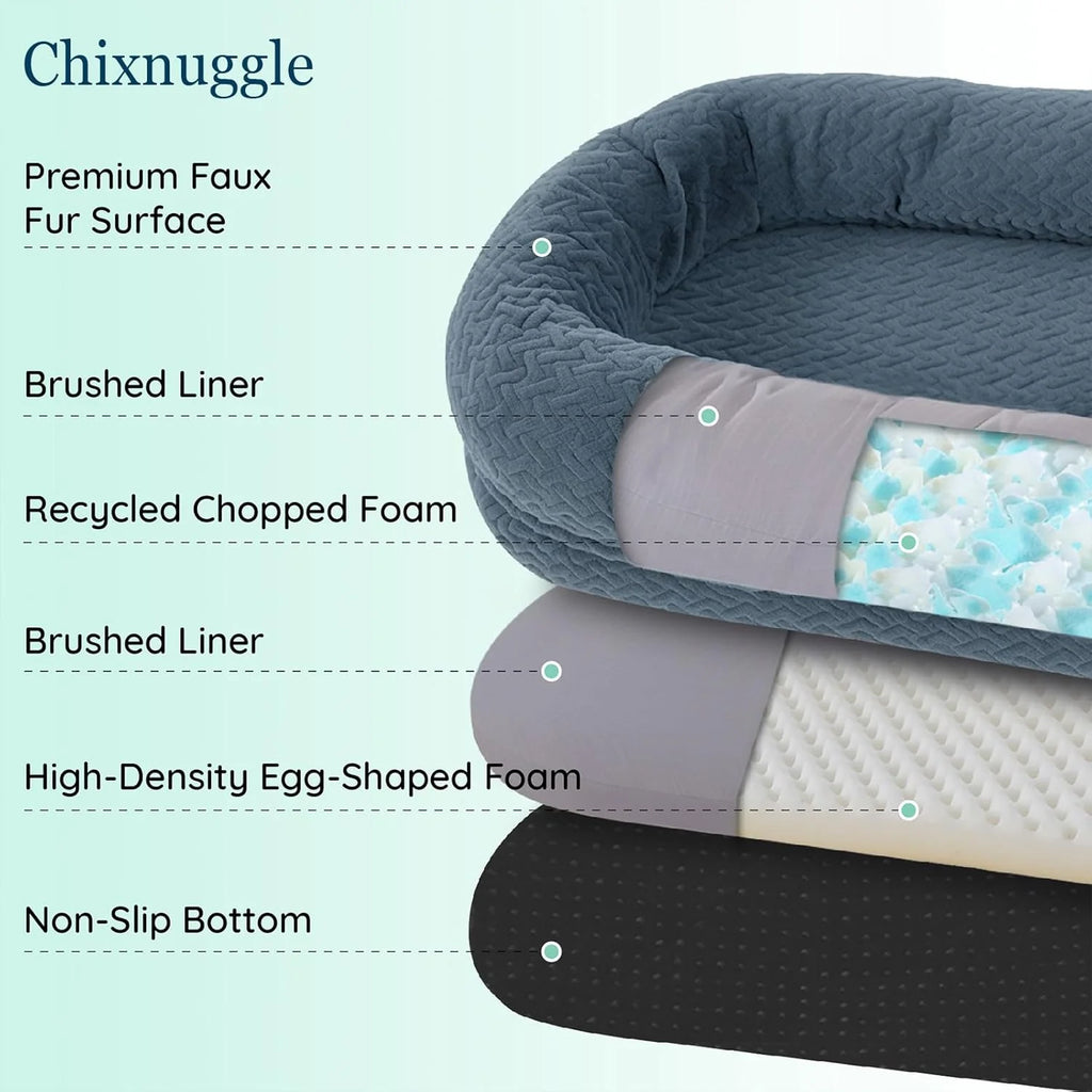 Click to See Full View 3+ 7 VIDEOS Human Dog Bed for Adult - Luxury Faux Fur Giant Size Dog Bed with Portable Handle, Egg Orthopedic Foam Bed with Blanketgrayish Blue