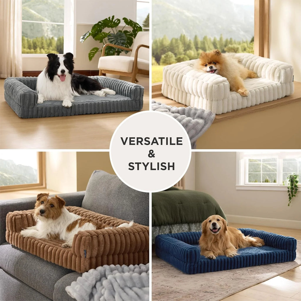 Orthopedic Dog Beds for Extra Large Dogs, Waterproof Memory Foam XL Pet Bed with Sides, Non-Slip and Egg-Crate Foam Big Dog Couch Sofa with Washable Removable Corduroy Cover, Grey
