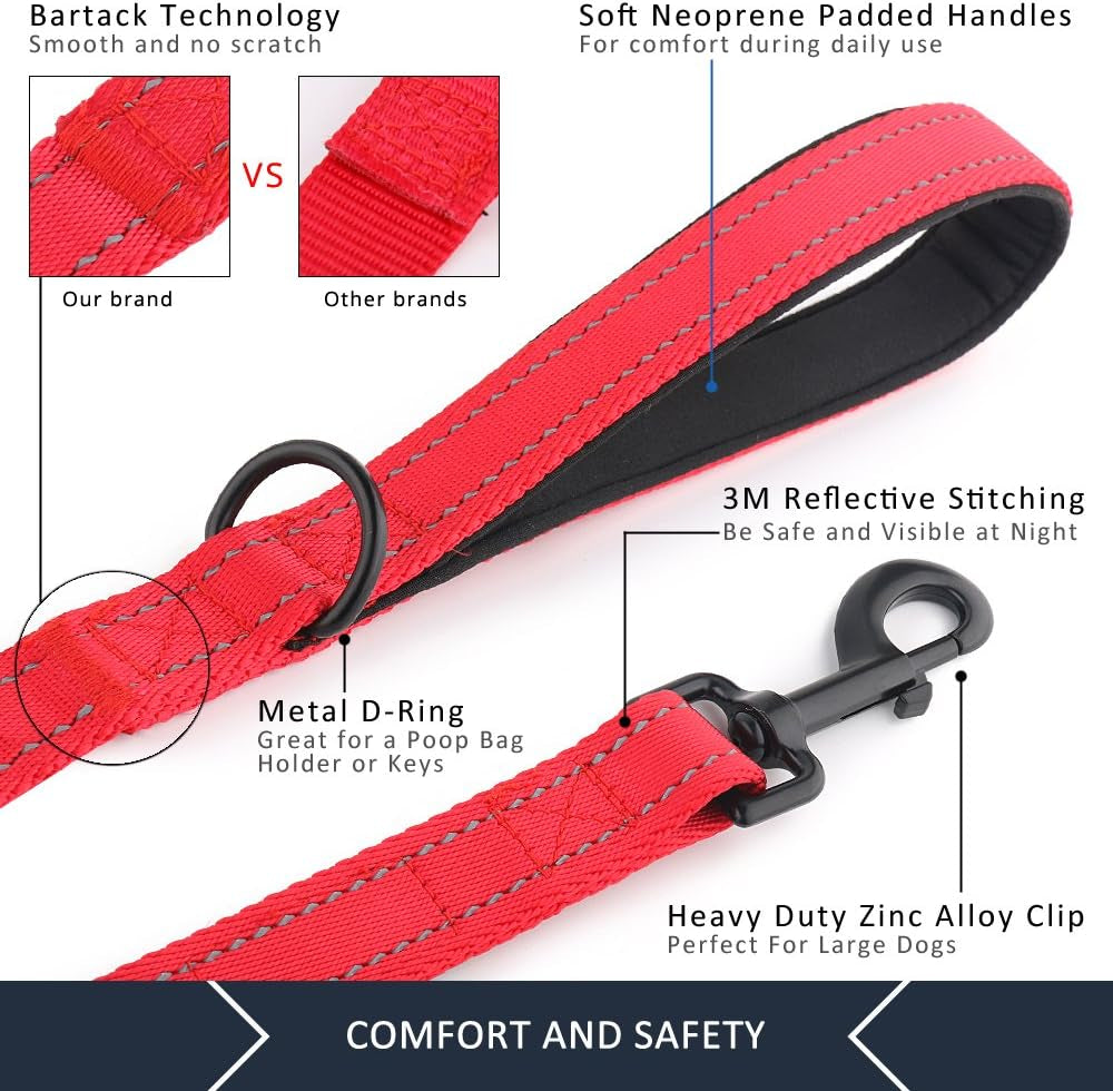Double Handle Dog Leash, 6Ft, Padded, Heavy Duty, Reflective, Red, 2 Handle Leads