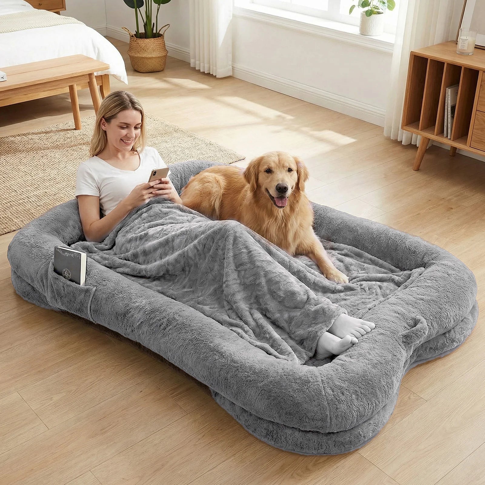 Human Dog Bed Washable Large Size Non Slip Bottom Comfortable Plush Giant Size Dog Bed with Blanket and Pocket for Home