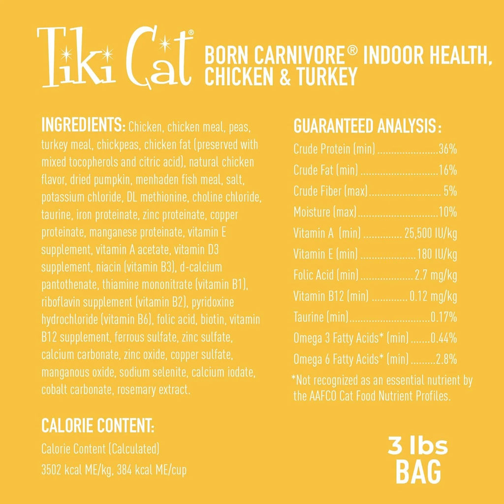 Cat Born Carnivore High Protein, Indoor Health, Chicken and Turkey Meal Recipe, Grain-Free Baked Kibble to Maximize Nutrients, Dry Cat Food, 3 Lb. Bag