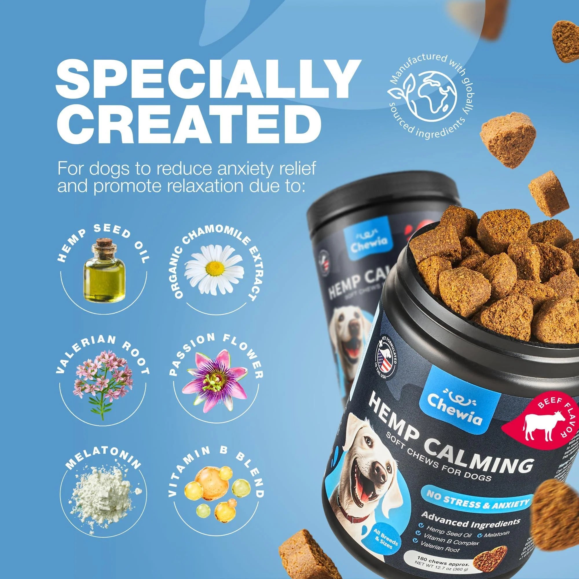 Hemp Calming Chews for Dogs Anxiety Relief L-Theanine & Chamomile