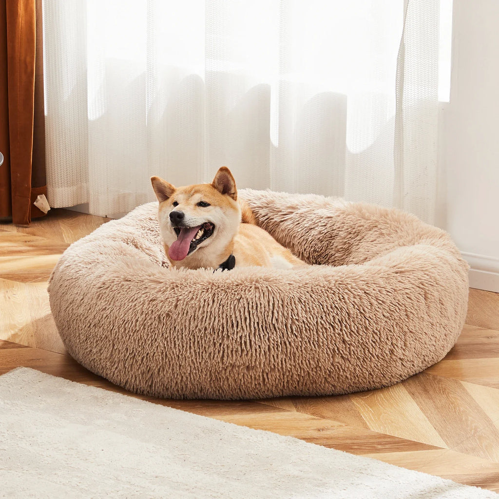 JHK Calming Dog Bed for Medium to Large Dogs Washable Large Pet Bed Anti-Slip round Fluffy Plush Faux Fur Dog Bed