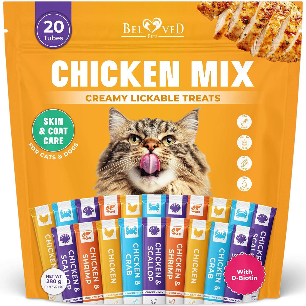 Lickable Cat Treats Squeeze Tubes 20 Sticks Chicken Skin & Coat Multivitamin