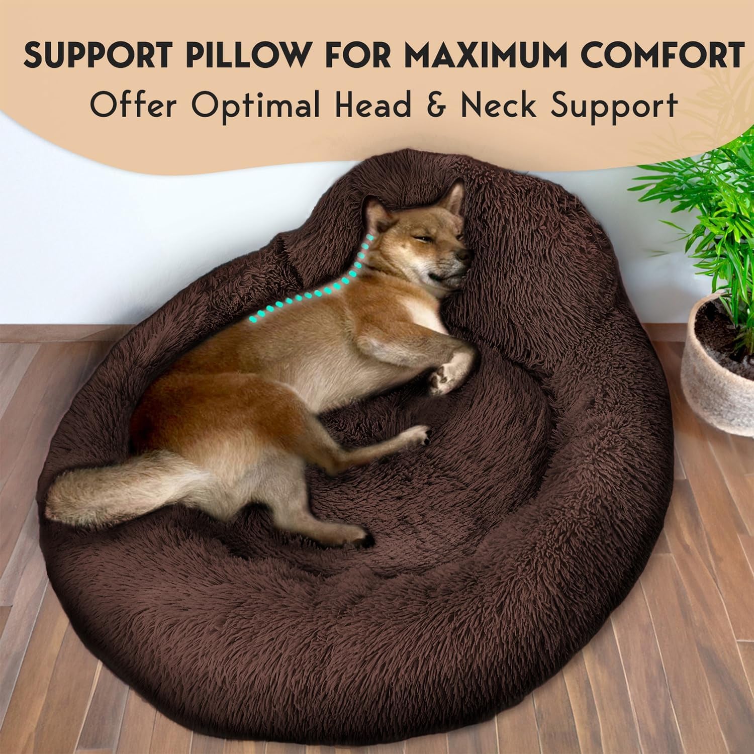 Petjett Calming Dog Bed Medium Size Dog - Donut Bed, Anti-Slip & Washable Super Soft Fluffy Plush round Bed, Anti-Anxiety Premium Comfort Pet Bed, Fits Dogs- Brown
