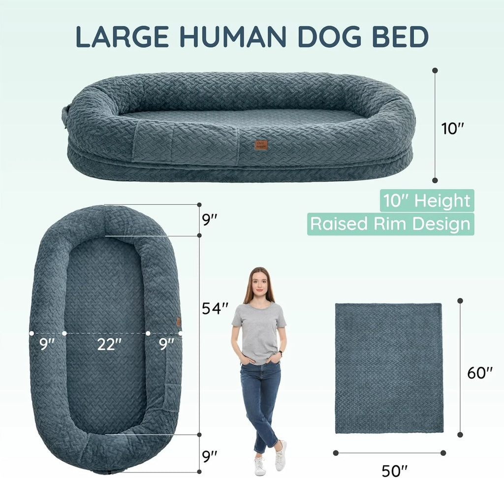 Click to See Full View 3+ 7 VIDEOS Human Dog Bed for Adult - Luxury Faux Fur Giant Size Dog Bed with Portable Handle, Egg Orthopedic Foam Bed with Blanketgrayish Blue