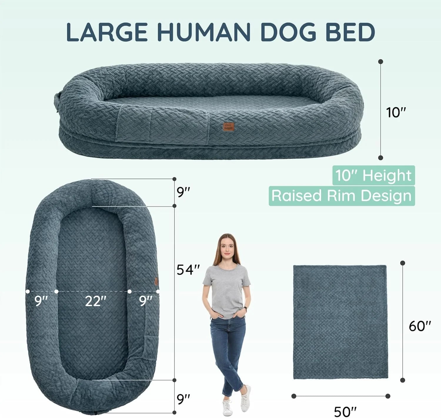 Click to See Full View 3+ 7 VIDEOS Human Dog Bed for Adult - Luxury Faux Fur Giant Size Dog Bed with Portable Handle, Egg Orthopedic Foam Bed with Blanketgrayish Blue
