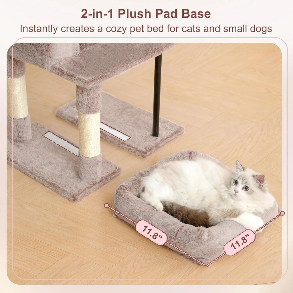 Cat Tree, 45.3-Inch Cat Tower for Indoor Cats with Large Perch, All-In-One Cat Furniture with Cozy Bed, Hidden Space Cat Condo, Comfy Hammock, Scratching Posts & 3 Pompoms, Muchroom