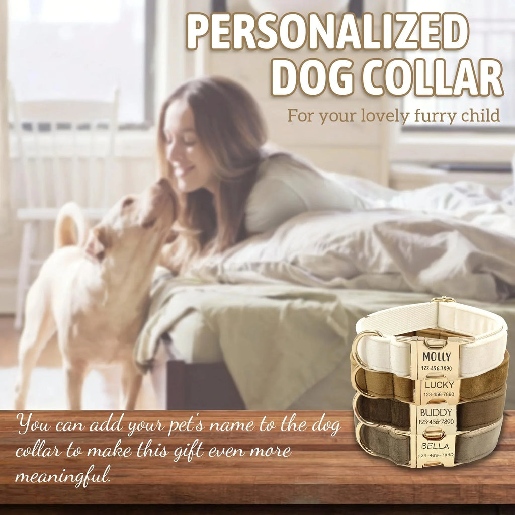 1Pc Personalized Dog Collar Velvet, Engraving Custom Name Phone Number ID Tag, Soft Comfy Adjustable Collars for Large