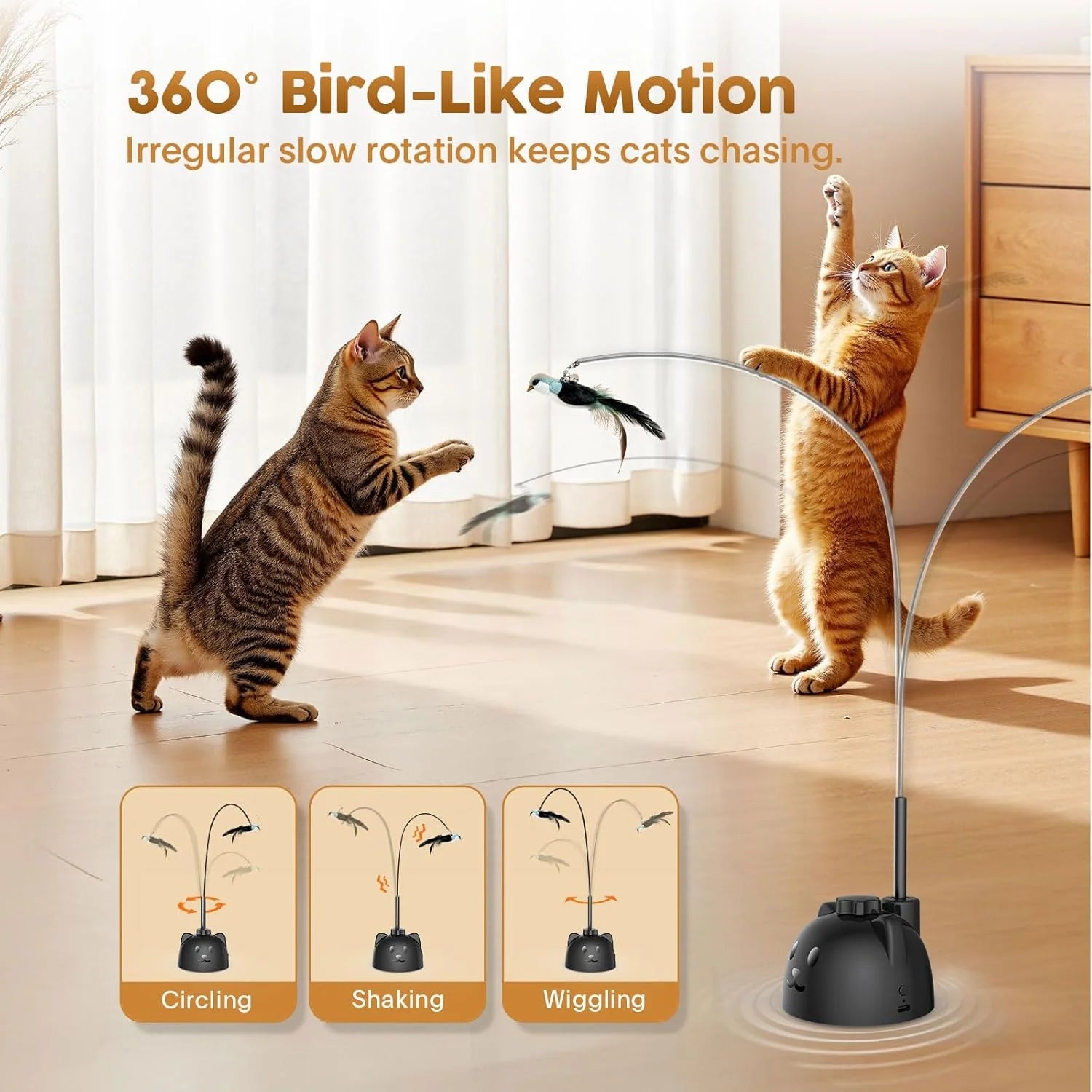 Interactive Cat Toys for Indoor Cats: Upgraded 360° Automatic Spin Flying Bird Feather Wand with Silicone Protected Rod Safe Play, Strong 8Cm Suction Cup, Usb-Rechargeable for Bored Kittens and Adult