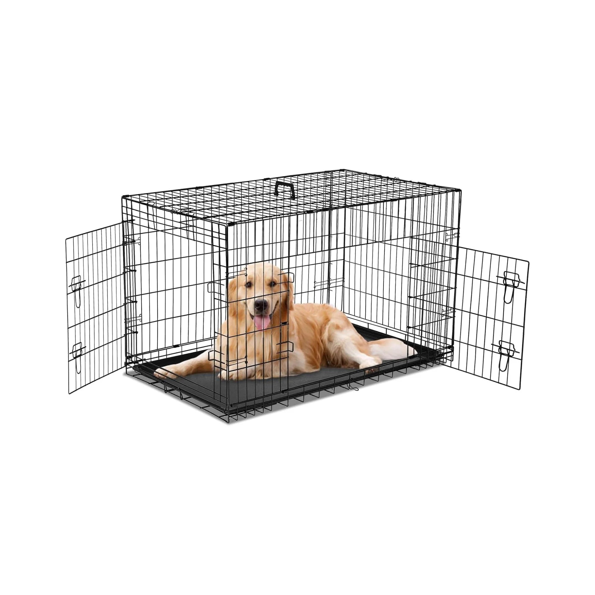 Dog Crate - 36 Inch Medium Double Door Portable Dog Cage, Metal Wire Pet Kennel with Secure Lock, Leak-Proof Pan Tray, Foldable Design for Dogs Pets Indoor Training and Outdoor Trave
