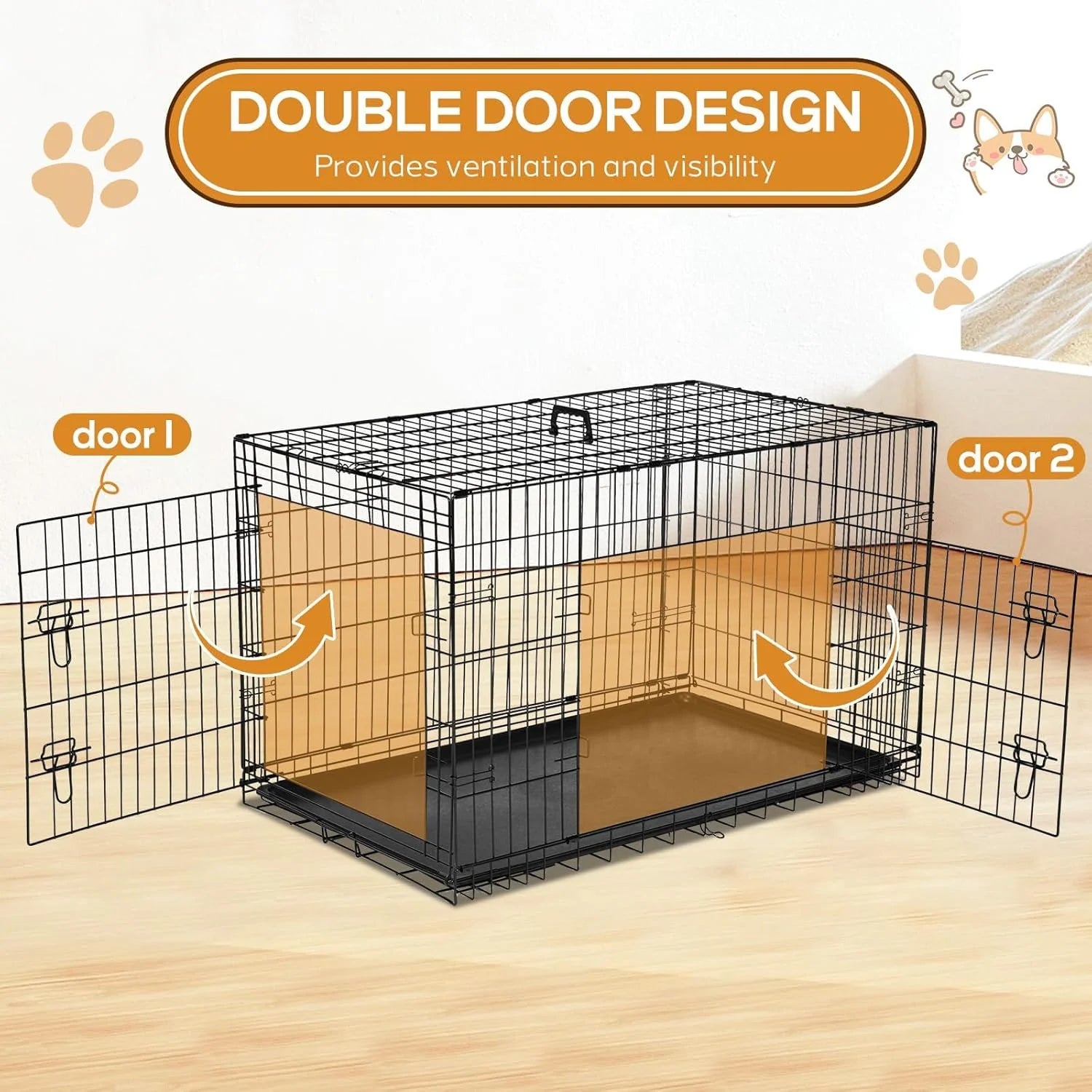 Dog Crate - 36 Inch Medium Double Door Portable Dog Cage, Metal Wire Pet Kennel with Secure Lock, Leak-Proof Pan Tray, Foldable Design for Dogs Pets Indoor Training and Outdoor Trave