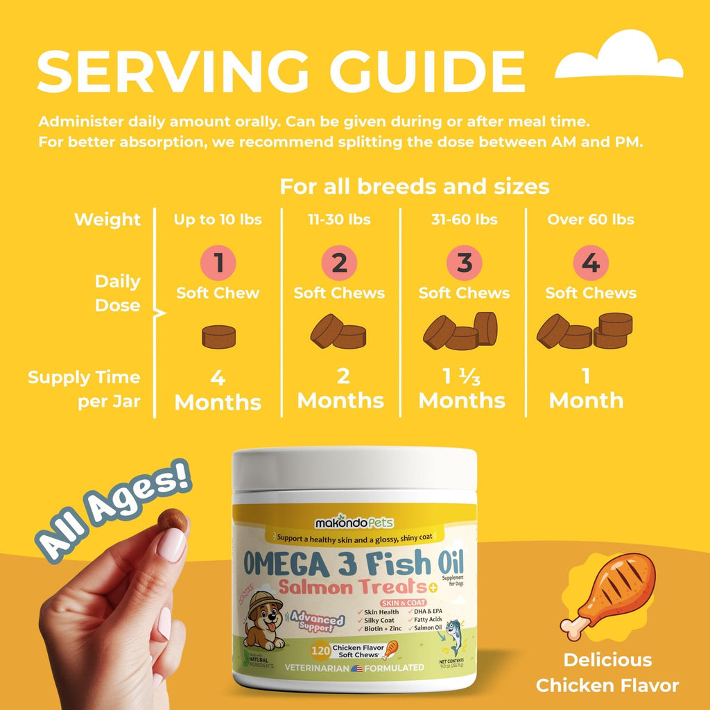 Omega-3 Fish Oil Chews for Dogs 120 Count Skin & Coat Shedding EPA & DHA