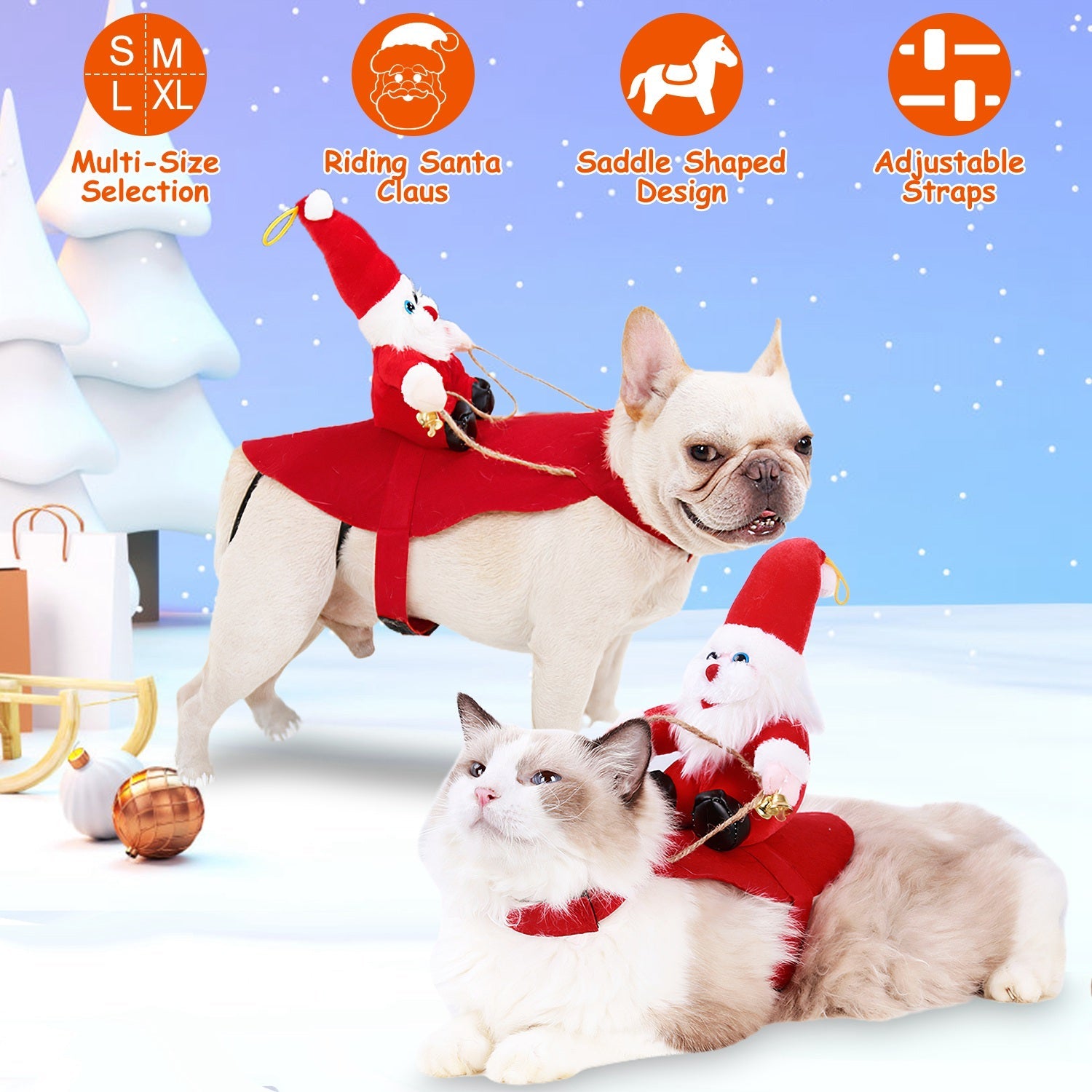 S-M-L-XL Options -- 1Pc Pet Christmas Costumes Red Winter Coat for Dog Riding Santa Claus with Bell Clothes New Year Outfit Cosplay Costumes Party Dress up for Cats